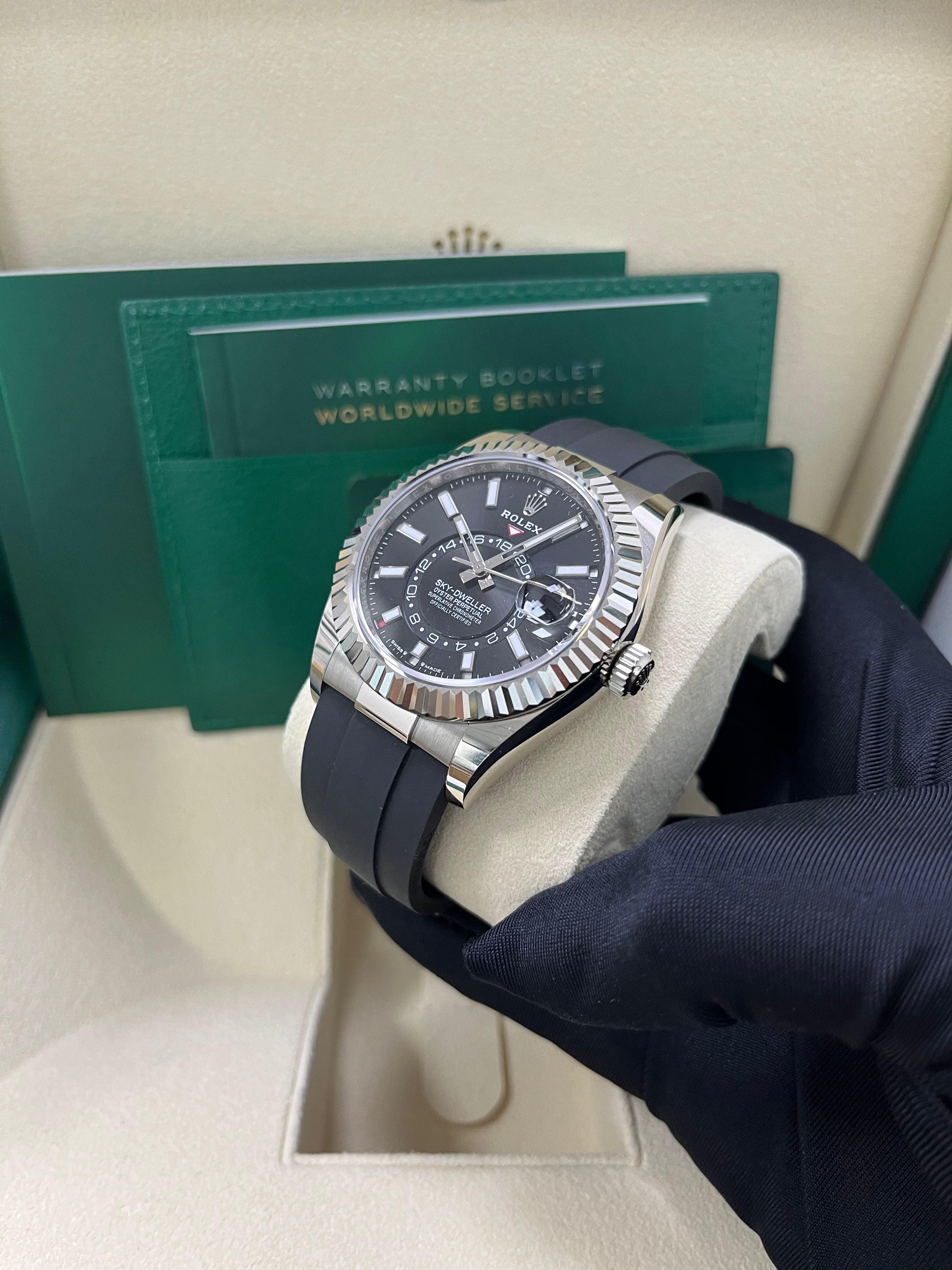Rolex Sky-Dweller 42mm White Gold Watch with Fluted Bezel, Black Index Dial & Oysterflex Strap Ref. 336239 - Luxury GMT Master for Travel & Business Professionals