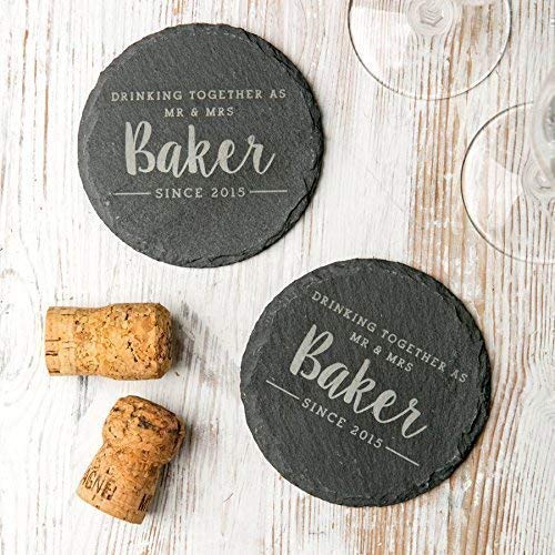 Personalized Slate Coasters for Couples - Natural Stone Wedding Gift Set for Bride & Groom - Custom Anniversary Gift - Perfect for Home Decor, Dinner Parties & Romantic Date Nights