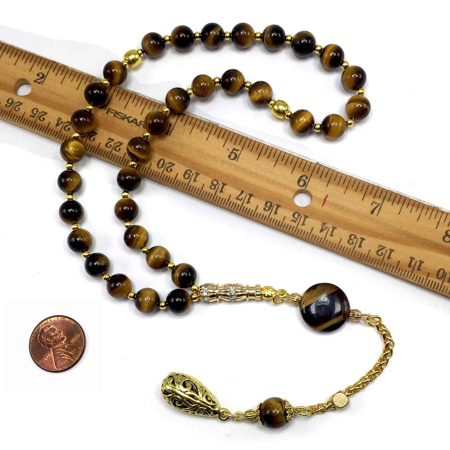 Tiger Eye Stone Worry Beads - 8mm Prayer Beads with Gold Tassel - 33 Beads Tasbih, Misbaha, Rosary for Stress Relief, Meditation & Spiritual Practice - Perfect for Anxiety Relief, Mindfulness & Gift Giving