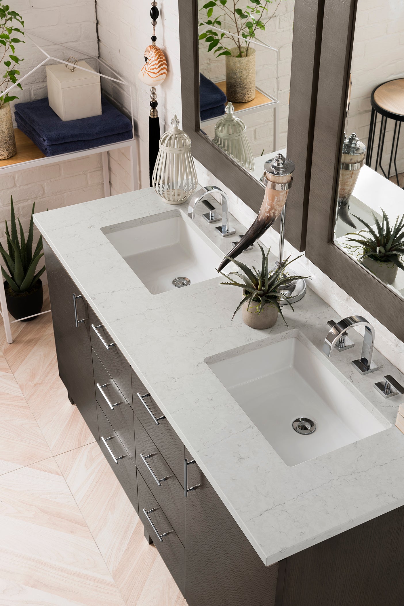 Metropolitan 60 Inch Double Bathroom Vanity Set with 3CM Eternal Jasmine Pearl Quartz Countertop - Silver Oak Finish | Perfect for Master Bathroom Remodeling & Luxury Home Upgrade