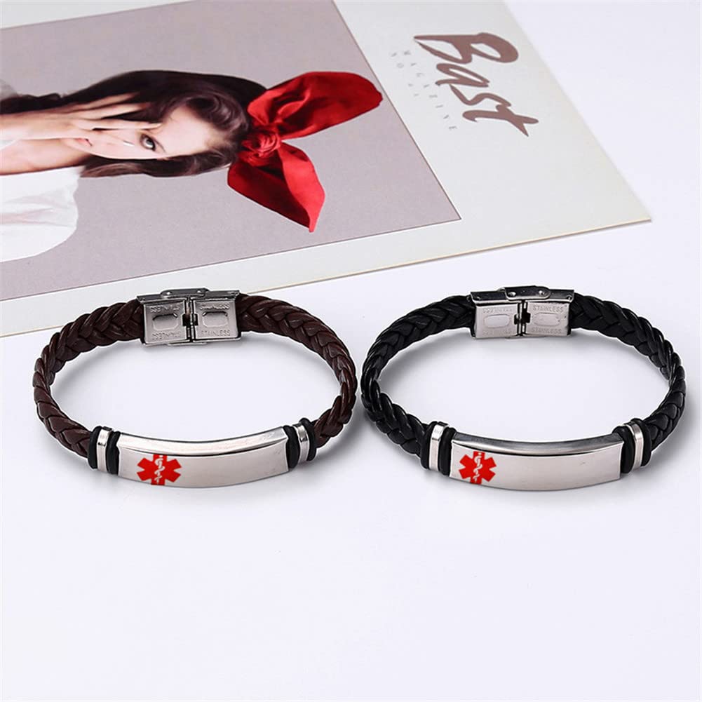 Custom Engraved Stainless Steel Medical Alert Bracelet for Men & Women - Personalized Leather Allergy SOS ID Wristband - Perfect for Diabetes, Heart Conditions & Emergency Medical Identification