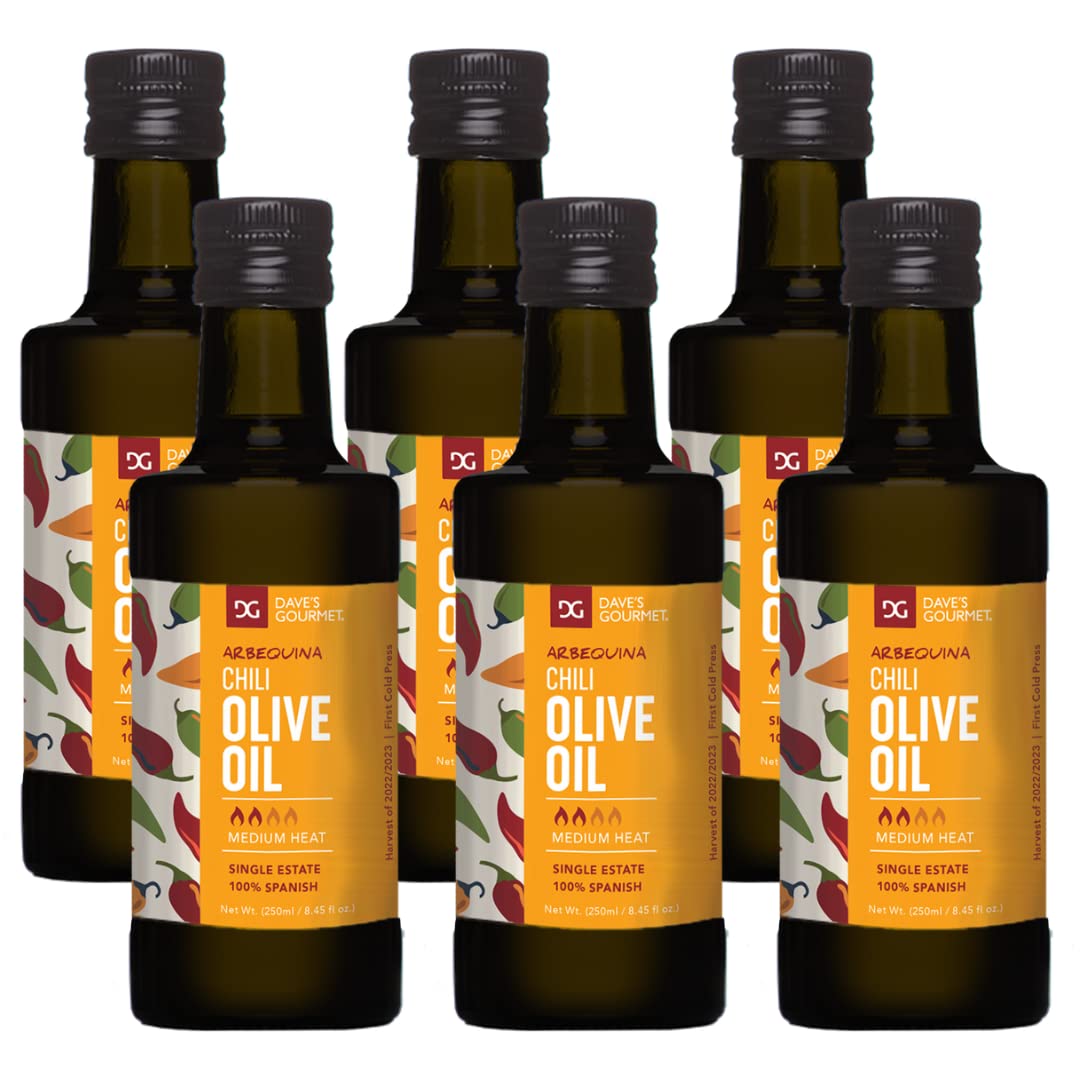 Dave's Gourmet Arbequina Chili Olive Oil - Medium Heat, Vegan, 250ml (Pack of 6) | Premium Cooking Oil for Salads, Pasta & Grilling | Healthy & Flavorful Vegan Ingredient