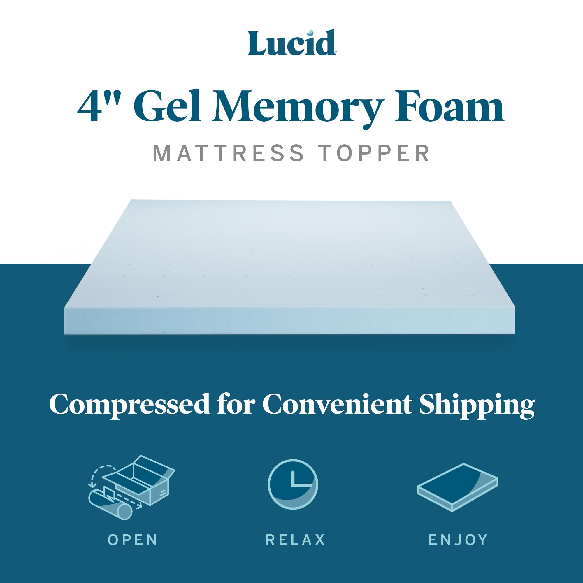 LUCID 4 Inch Gel Memory Foam Mattress Topper - Ventilated Cooling Design, Ultra Plush Comfort, CertiPUR-US Certified, Full Size, Blue - Perfect for Hot Sleepers & Pressure Relief in Bedrooms, Guest Rooms & Dorms