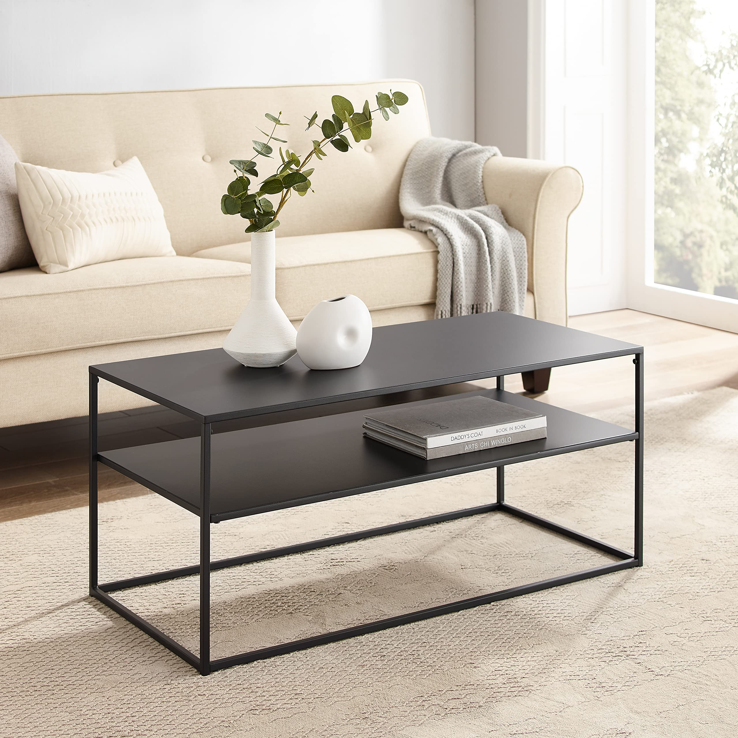 Crosley Braxton Metal Coffee Table with Storage Shelf - Matte Black for Living Room Decor