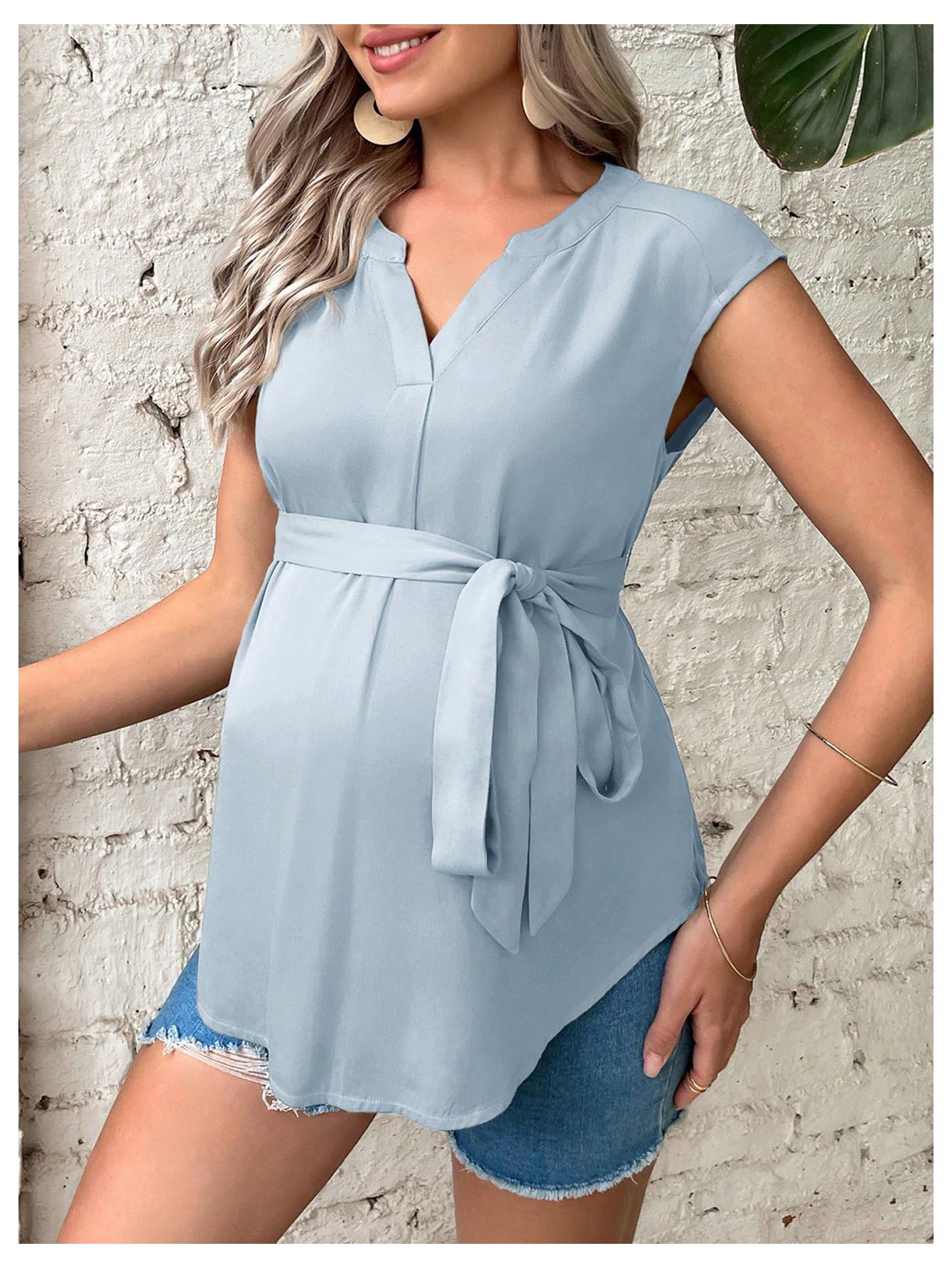 Elegant Women's Maternity Tops - Bow Tie Notched Neck Cap Sleeve Blouse for Pregnancy | Comfortable & Stylish Maternity Shirts for Work, Parties & Special Occasions