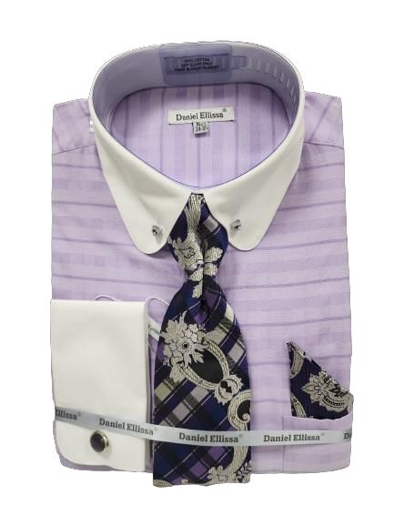 **DANIEL ELLISSA JQD Round Collar & Cuff Set with Collar Bar - DS3830P2 Lavender | Elegant Formal Wear for Men's Business & Wedding Attire**