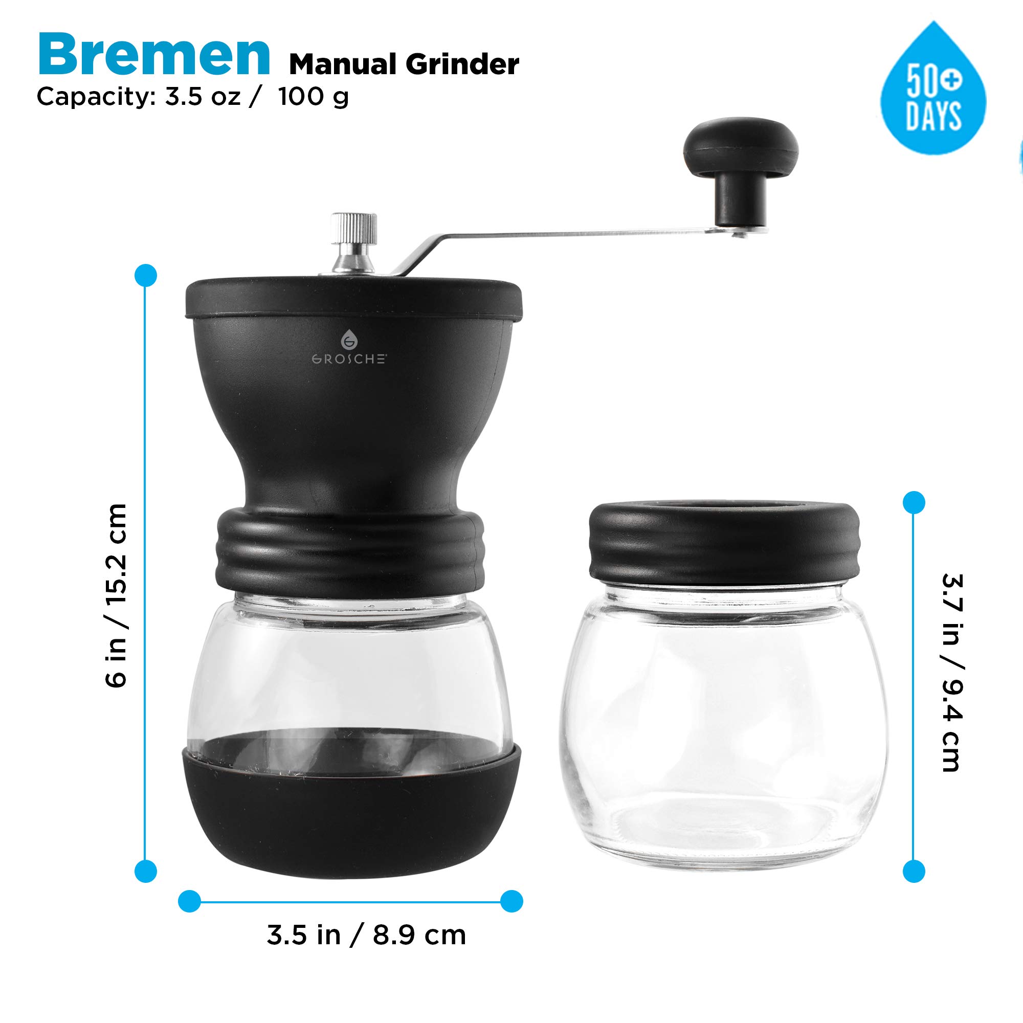 GROSCHE Bremen Manual Coffee Grinder - Premium Stainless Steel Burr Hand Grinder for Espresso, French Press & Pour Over - Portable Coffee Bean Grinder for Home, Camping & Travel