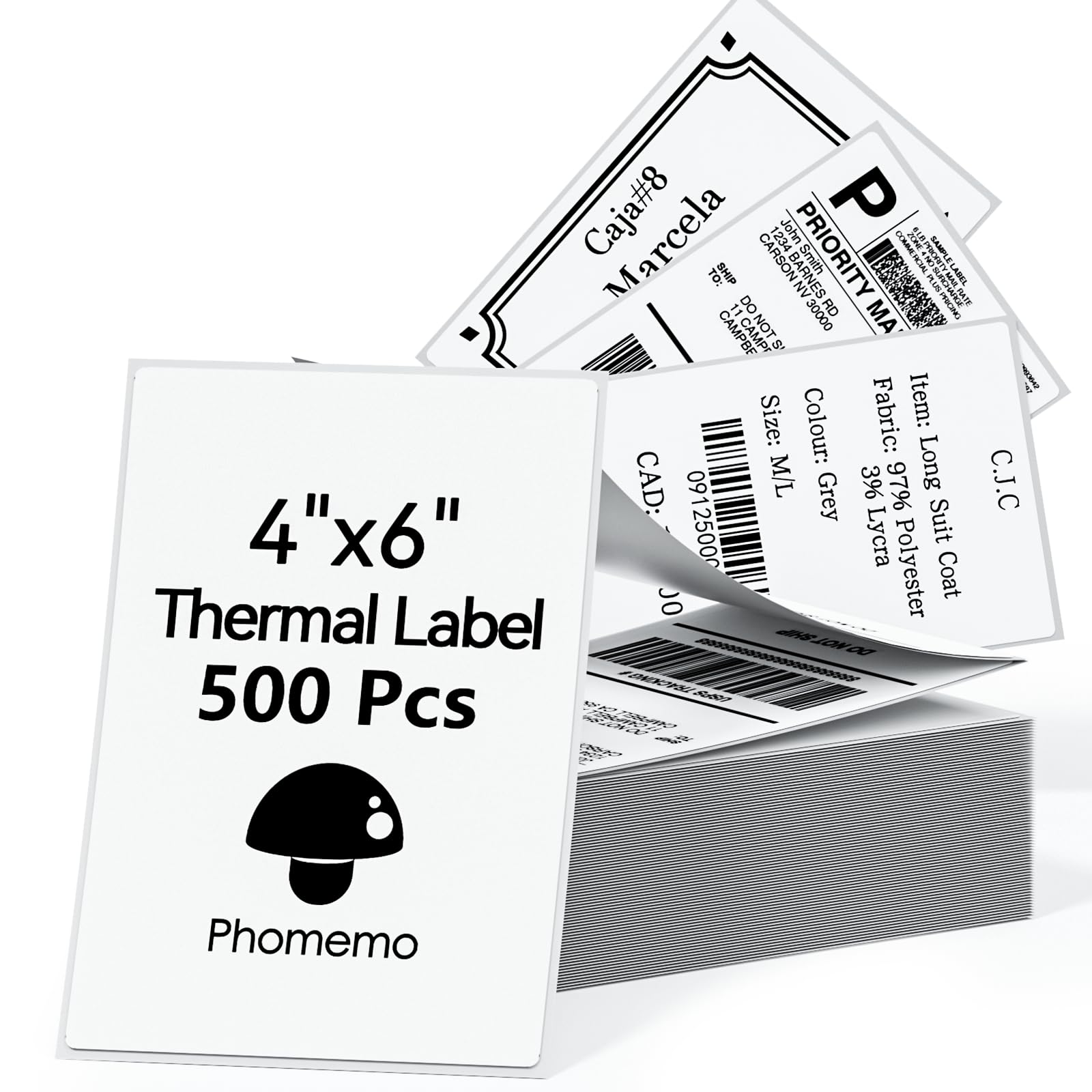Phomemo 4x6 Thermal Direct Shipping Labels - 4''x6'' Fan-Fold Labels (500/Pack) - Compatible with Rollo, MUNBYN, Zebra & Fargo Label Printers - Perfect for E-commerce, Small Business & Home Shipping Needs