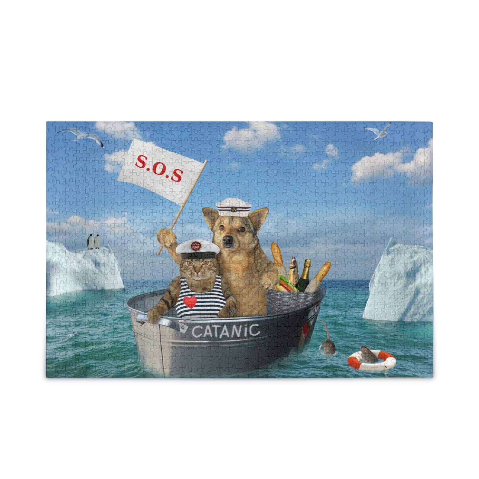 500-Piece Funny Cat & Dog Jigsaw Puzzle - Drifting Shipwreck Image - DIY Wall Art for Adults & Teens - Stress Relief & Brain Teaser Game - Perfect for Family Game Night & Home Decor