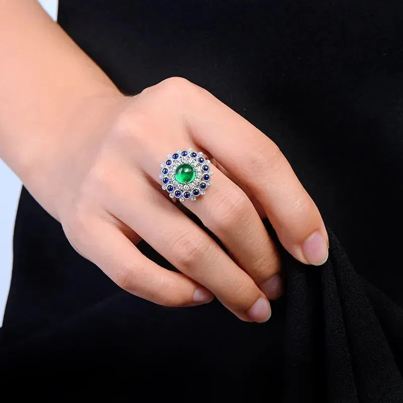 1.85ct Natural Emerald Cabochon Cut 18k White Gold Halo Diamond Sapphire Engagement Ring for Women - Perfect for Proposals, Anniversaries & Special Occasions