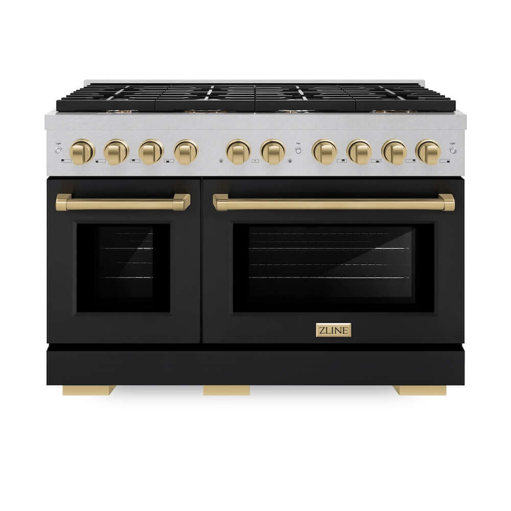 ZLINE Autograph Edition 48-inch 6.7 cu. ft. Double Oven Gas Range with 8 Burner Cooktop - Satin Stainless Steel, Black Matte Doors & Champagne Bronze Accents (SGRSZ BLM 48 CB) | Professional Kitchen Appliance for Home Chefs & Cooking Enthusiasts