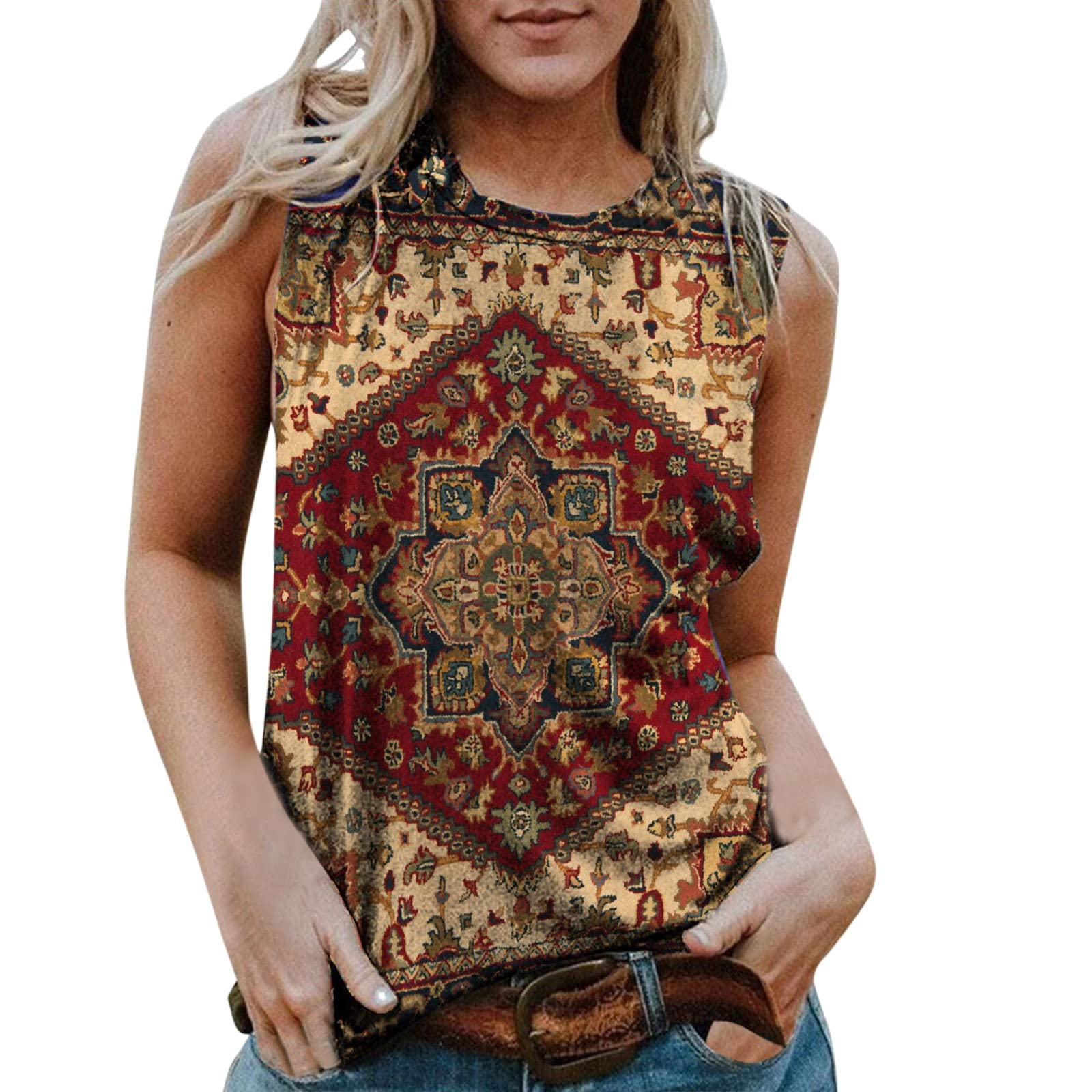 Women's Casual Aztec Print Sleeveless Tank Tops - Round Neck Loose Fit Crop Vest Tops for Summer, Beach, Yoga & Outdoor Activities