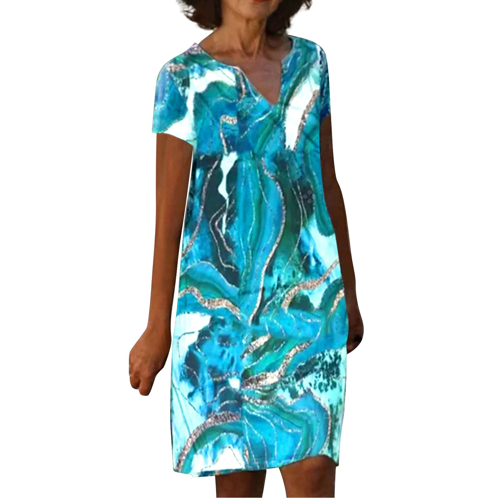 Women's Summer Casual V-Neck Printed Short Sleeve Tank Dress - Sexy Flowy Beach Dress for Vacation, Party & Date Night