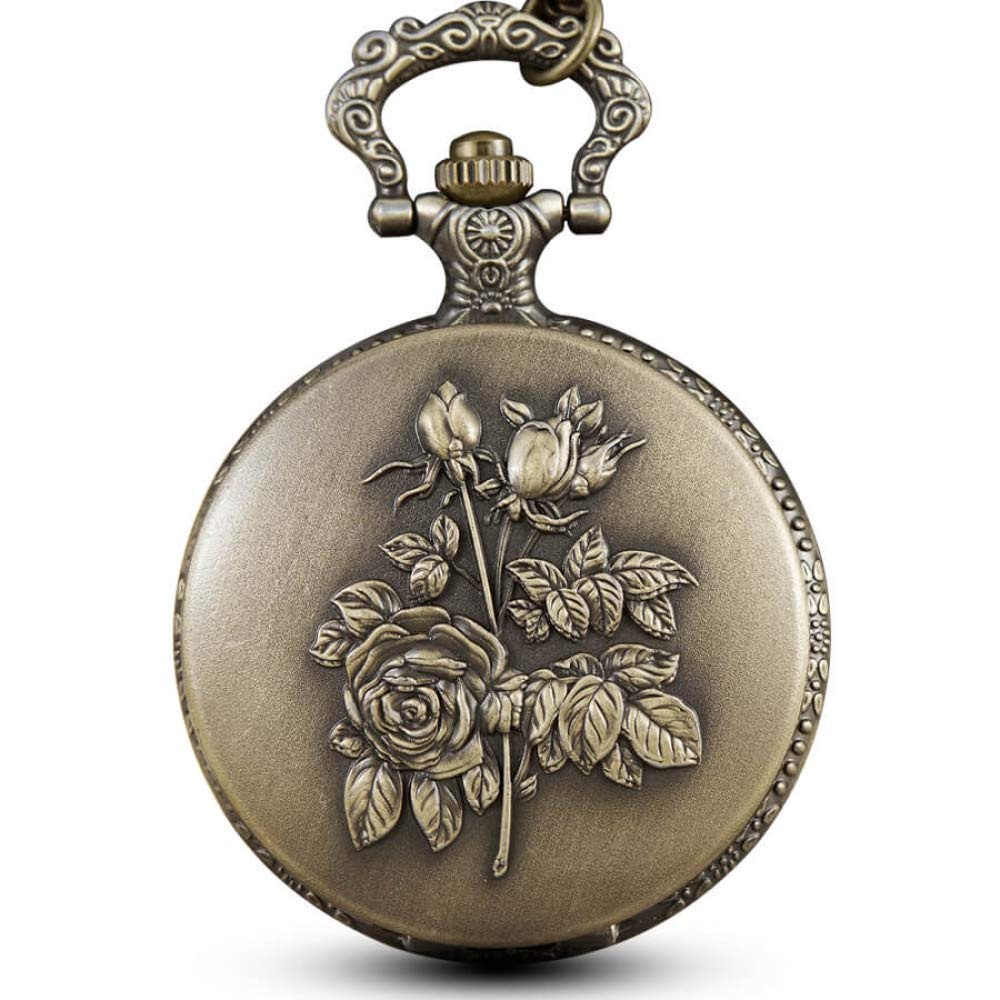 Vintage Bronze 3D Flower Rose Engraved Hollow Pocket Watch with Chain - Steampunk Style Unisex Gift for Men & Women | Perfect for Weddings, Cosplay, and Collector's Display