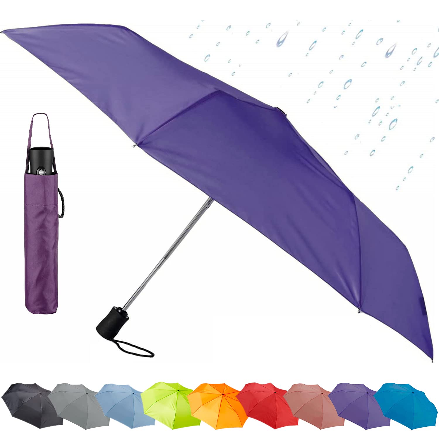 Lewis N. Clark Windproof Travel Umbrella - Compact Automatic Open/Close, Water Repellent Fabric, 1 Year Warranty (Purple) - Perfect for Business Trips, Commuting & Outdoor Adventures