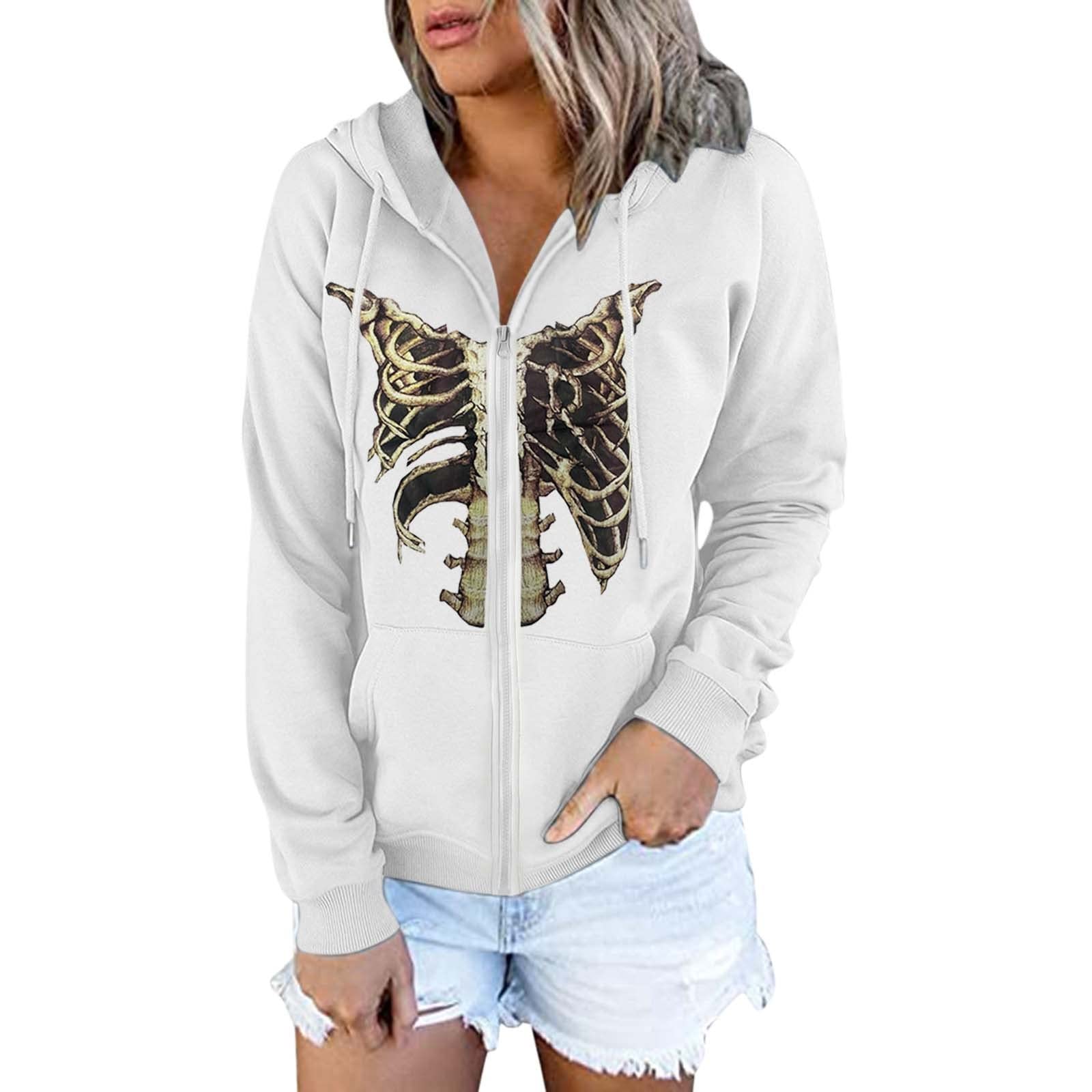 Women's Halloween Skeleton Print Zip-Up Hoodie Jacket - Long Sleeve Casual Pullover with Zipper - Perfect for Halloween Parties, Costume Events & Spooky Season Outfits