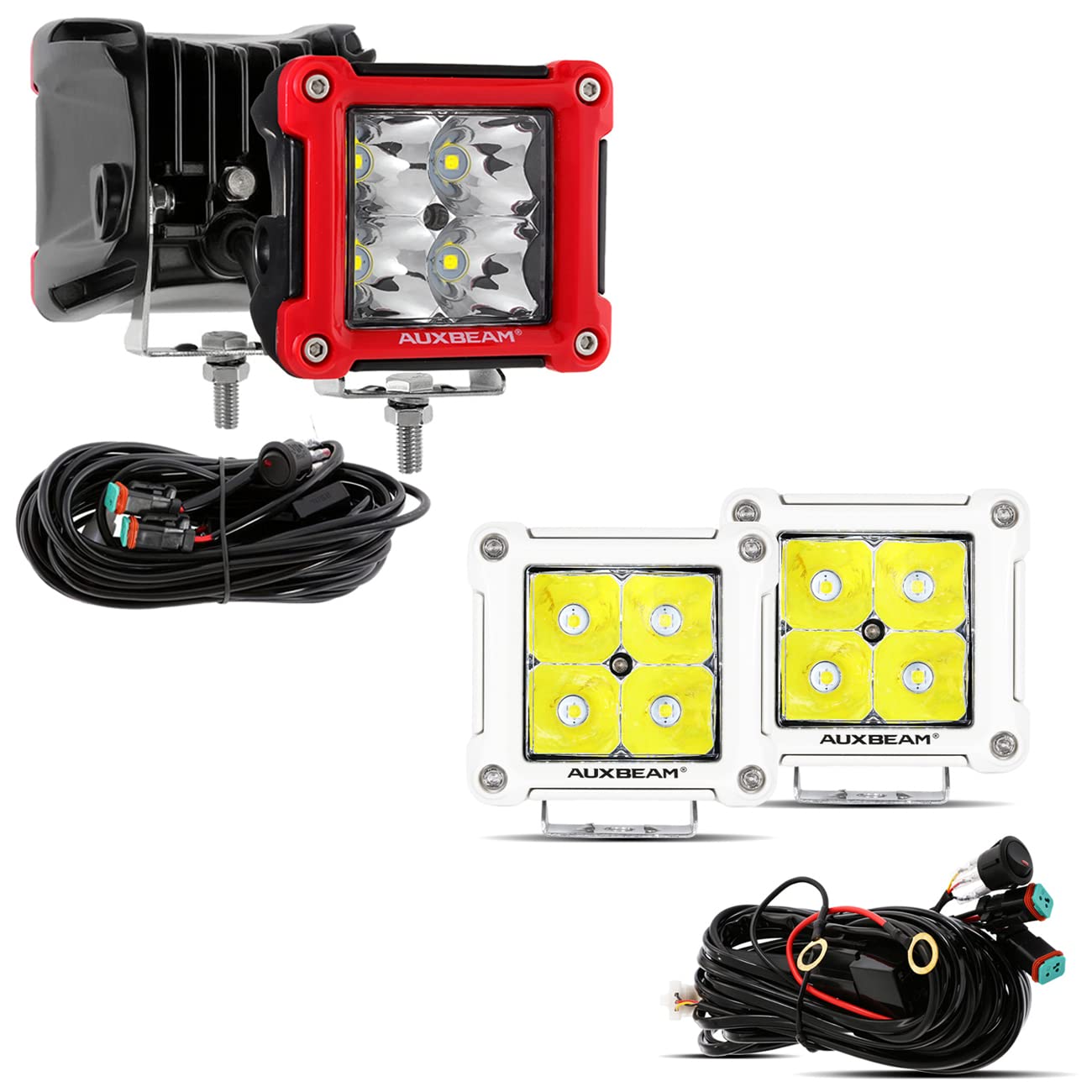 Auxbeam 3 Inch LED Pod Lights - Spot Beam Off-Road Lights with Red Frame & White Body for Trucks, Jeeps, ATVs, and UTVs - Perfect for Night Driving, Camping, and Outdoor Adventures