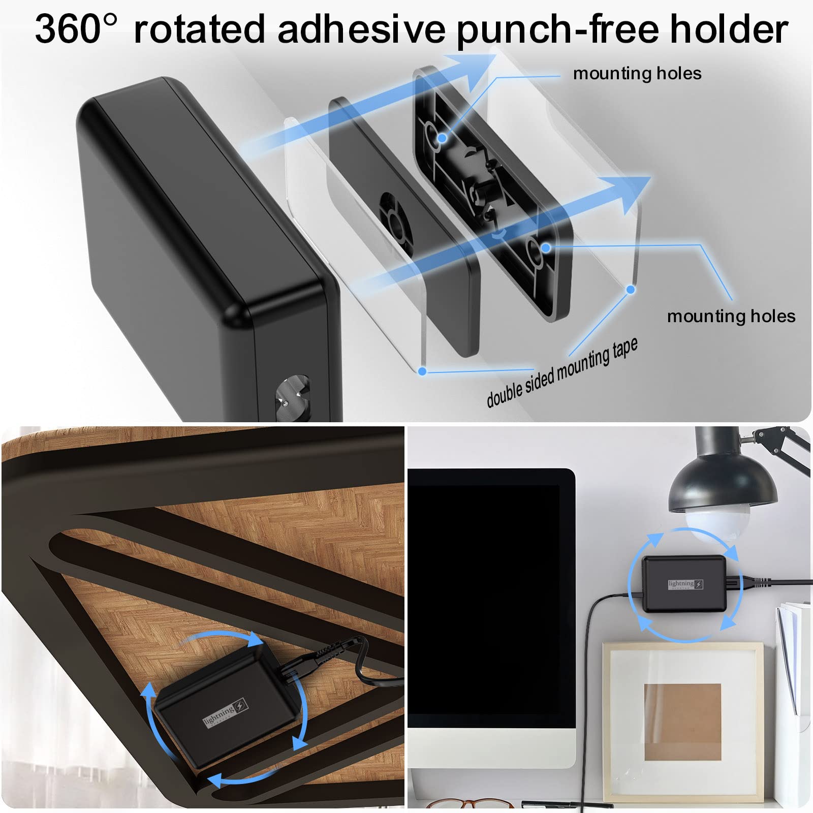 100W Fast USB C Charger with 5 Ports - Ultra Thin Flat Plug Charging Station for Laptop, Phone & Tablet - 360° Rotatable Adhesive Holder (No Punch Needed) - Perfect for Home, Office, Travel & Multi-Device Charging