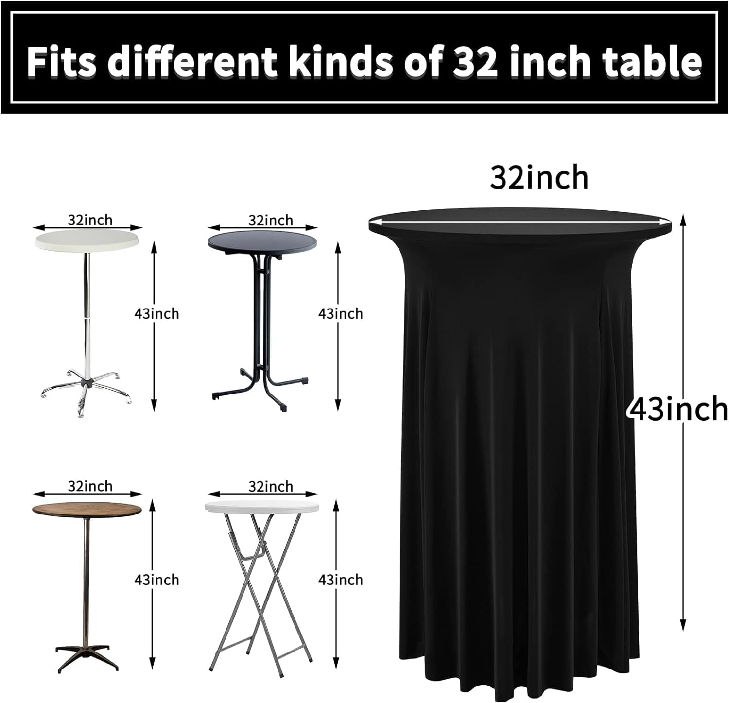 10 Pack Black Spandex Stretch Cocktail Table Skirts 32