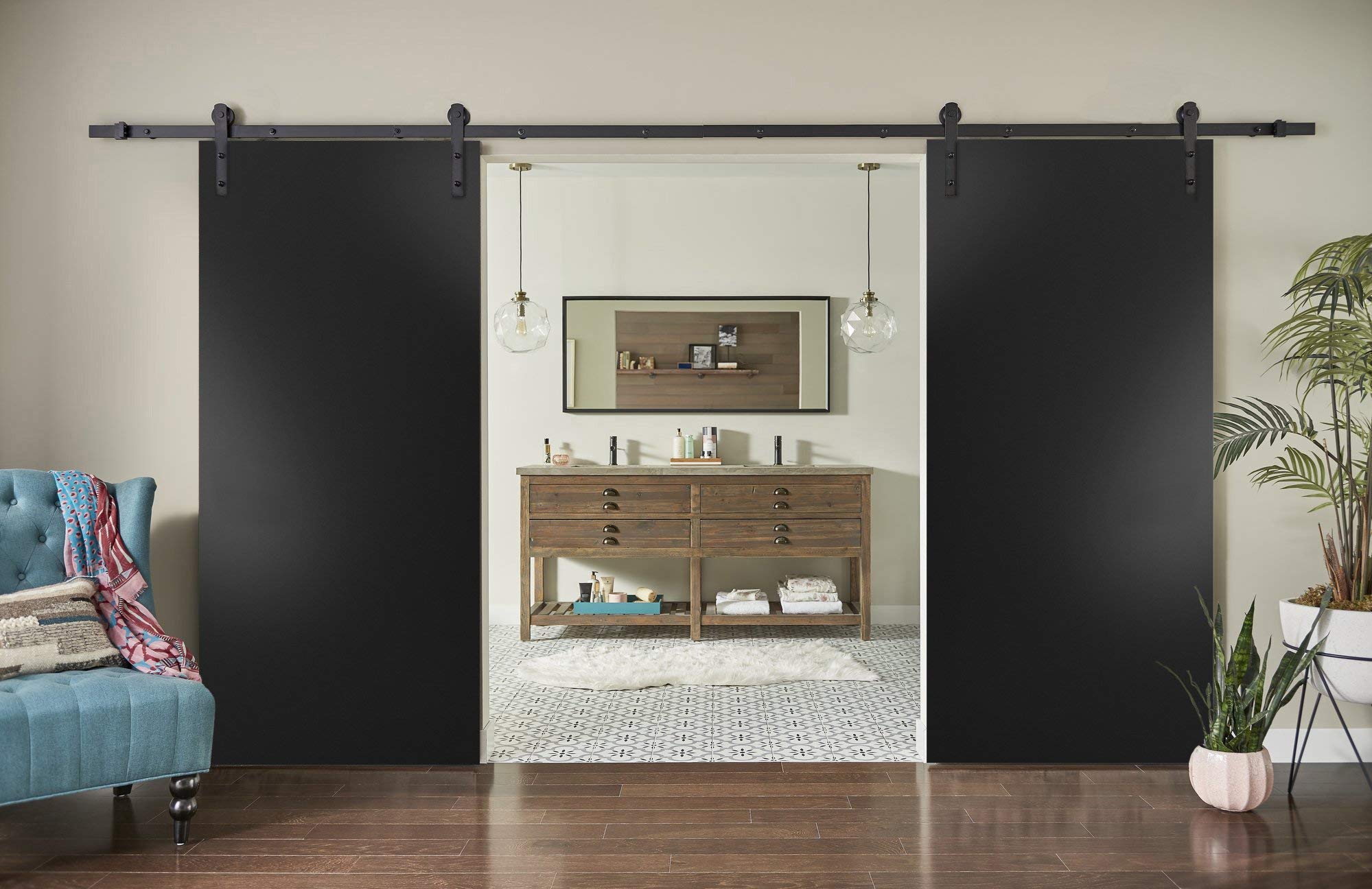 Sturdy 84 x 80 Inch Double Barn Door with Hardware Kit | Planum 0010 Black Matte Finish | 14FT Top Mount Rail Hangers Heavy Duty Set | Modern Solid Panel Interior Sliding Doors for Bedroom, Closet, or Farmhouse Style Home