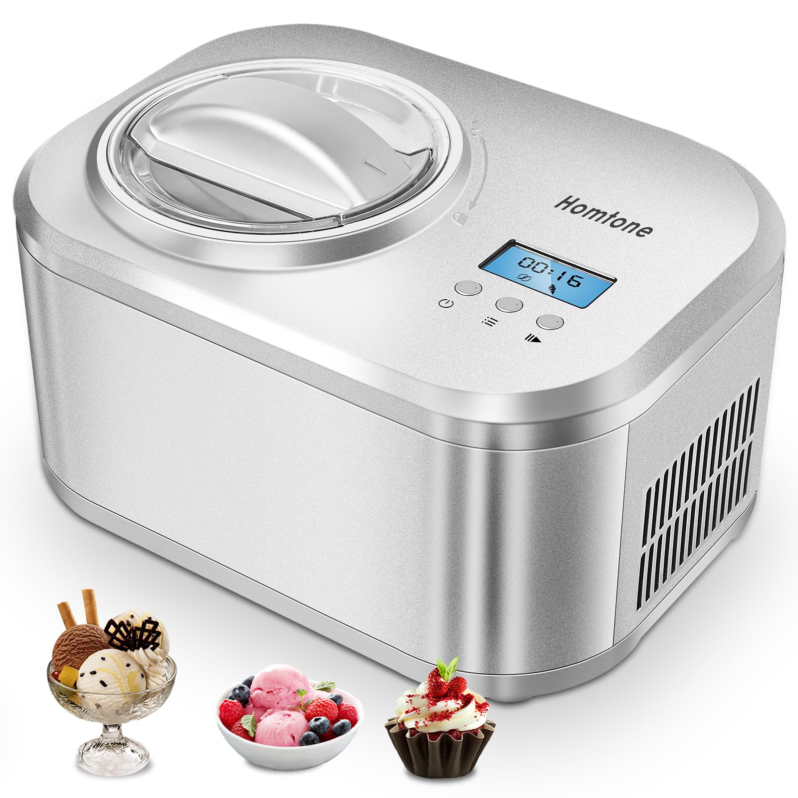 Homtone 1 Quart Automatic Ice Cream Maker with Built-in Compressor & LCD Timer - Make Ice Cream, Gelato, Frozen Yogurt in 30-60 Minutes | No Pre-Freezing Needed | Perfect for Home Kitchens, Parties & Dessert Shops