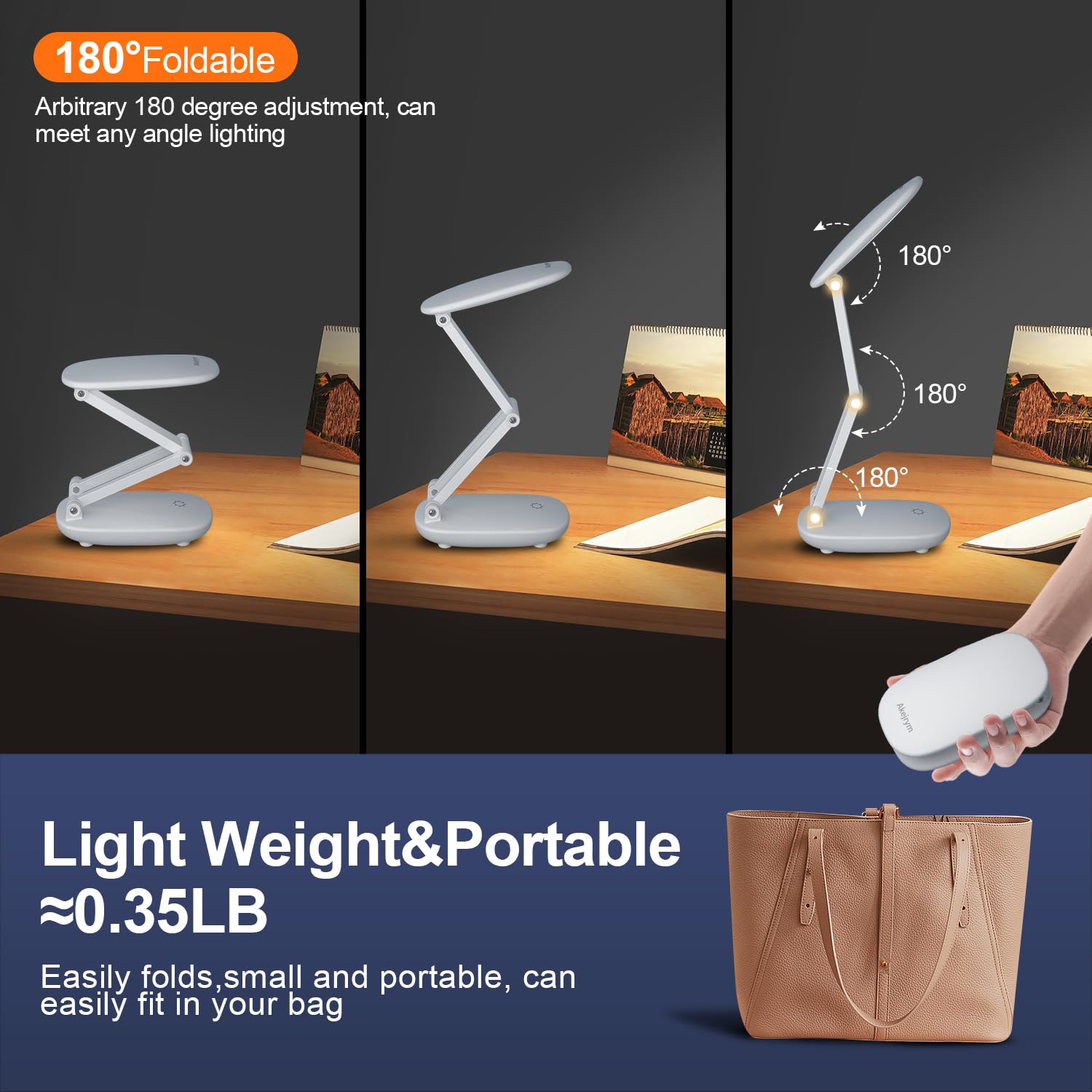 Rechargeable LED Desk Lamp with 3 Brightness Levels - Foldable & Portable Wireless Reading Light for Office, Home, Study - Battery Operated Small Desk Lamp with 2-Fold Bracket (White) | Perfect for Night Reading, Working, and Travel Use