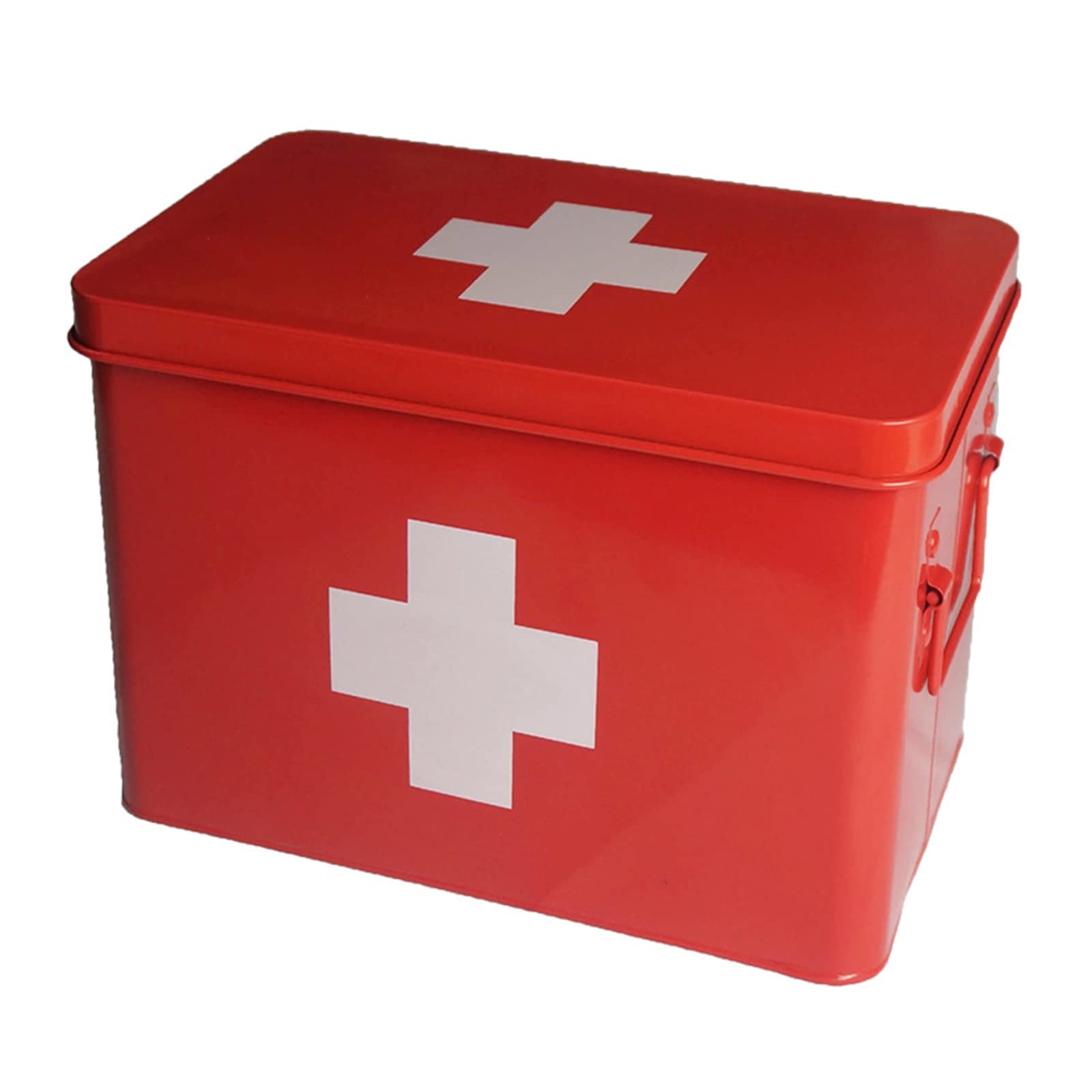 Premium 2-Tier Metal First Aid Kit Box - Compact 22.5x16.5x16.5cm Medicine Storage Organizer for Home, Travel, Camping & Emergency Preparedness (Red) - Perfect for Family Safety, Outdoor Adventures & Workplace First Aid