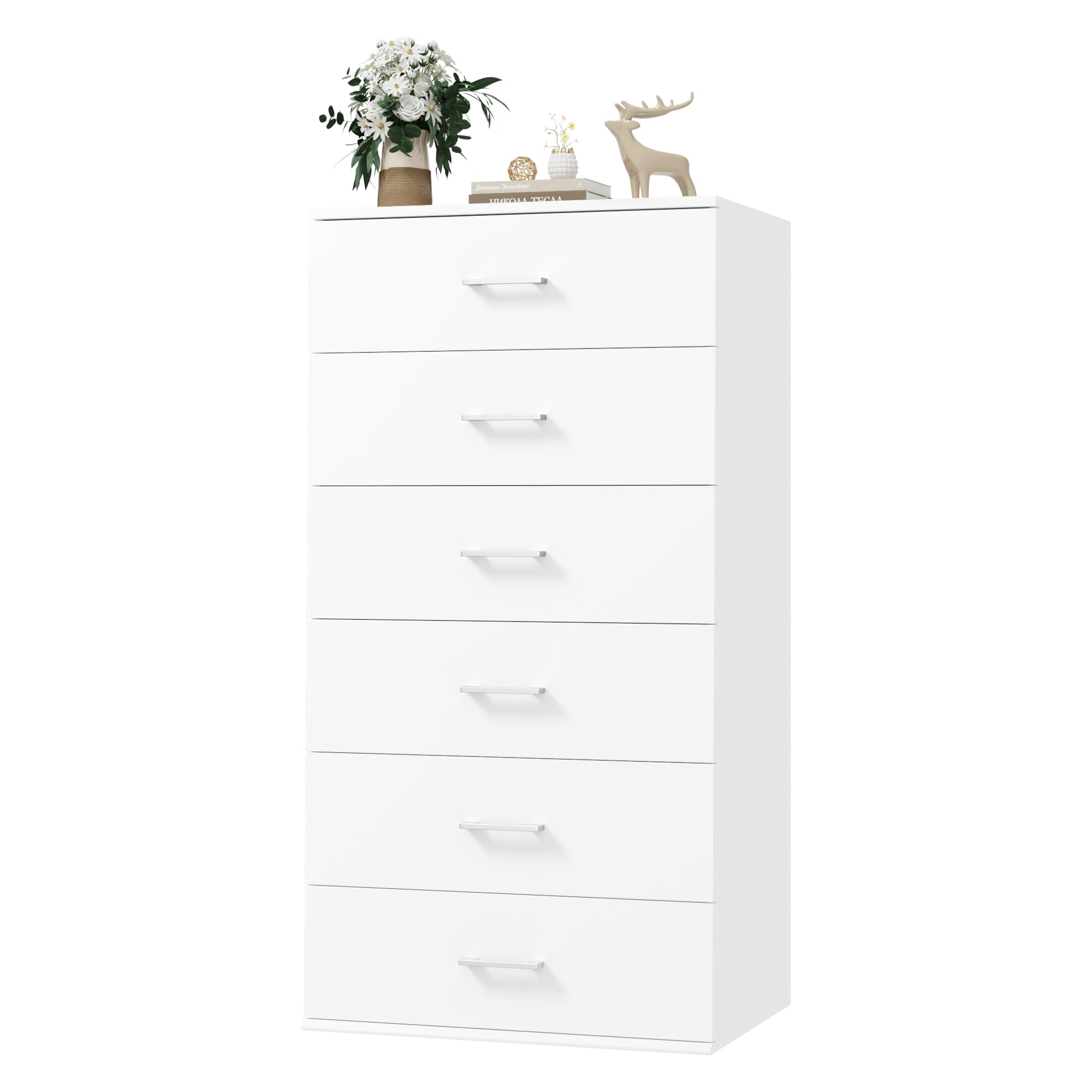 FOTOSOK 6-Drawer White Dresser - Modern Tall Chest of Drawers with Metal Handles, 23.6