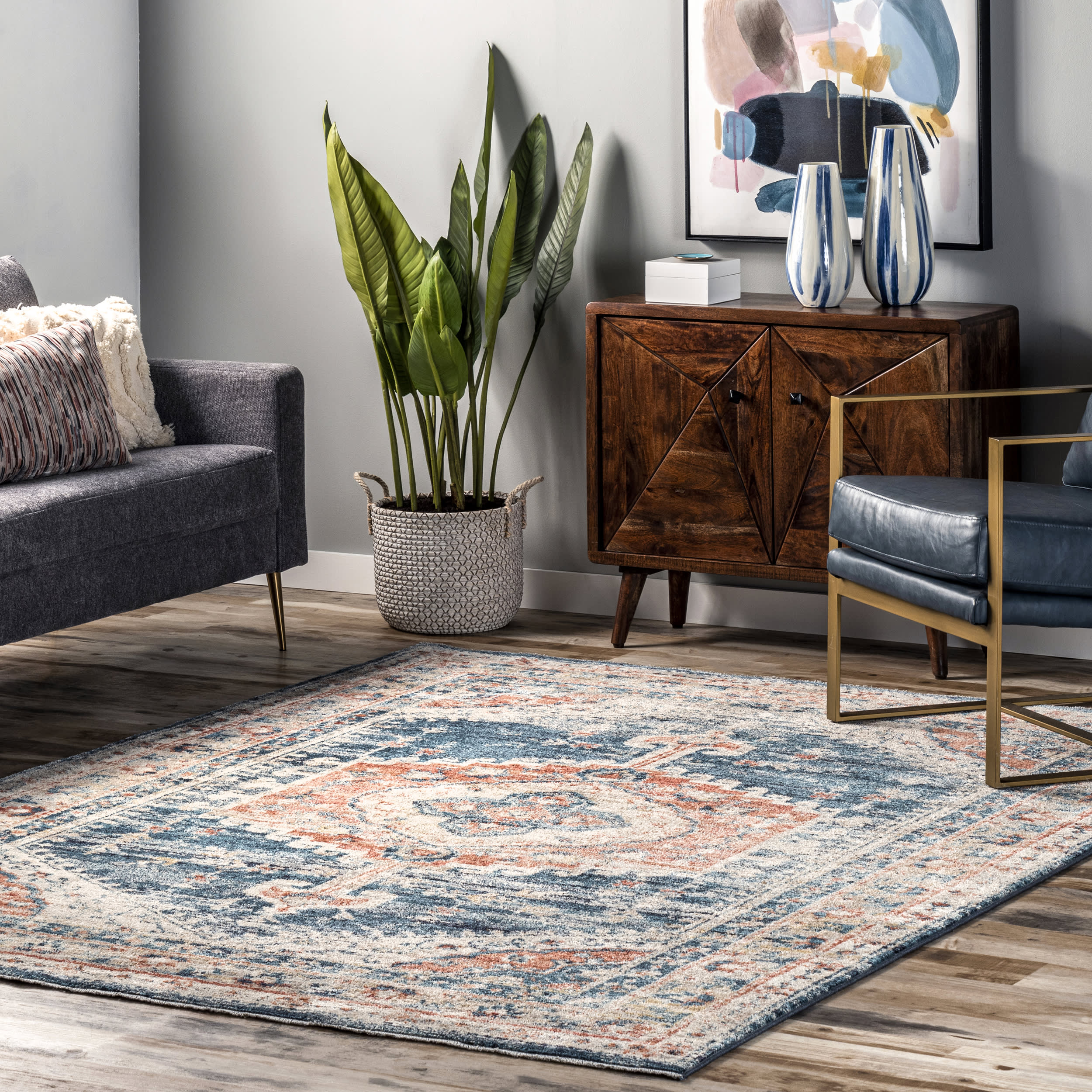 Barbed Mast Medallion Rug in Blue - Bohemian Style Area Rug for Living Room, Bedroom, or Office Decor