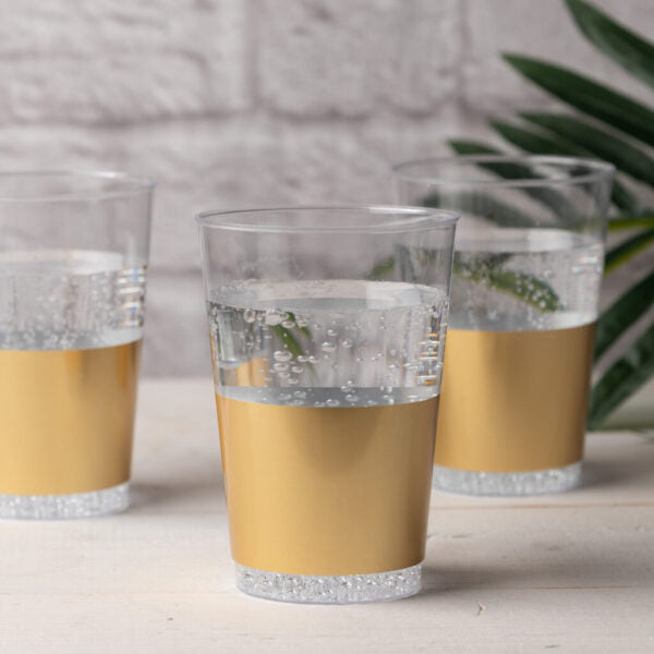 12 Oz Clear & Gold Hard Plastic Round Party Cups - 10 Pack - Durable Disposable Cups for Parties, BBQs, Picnics & Events