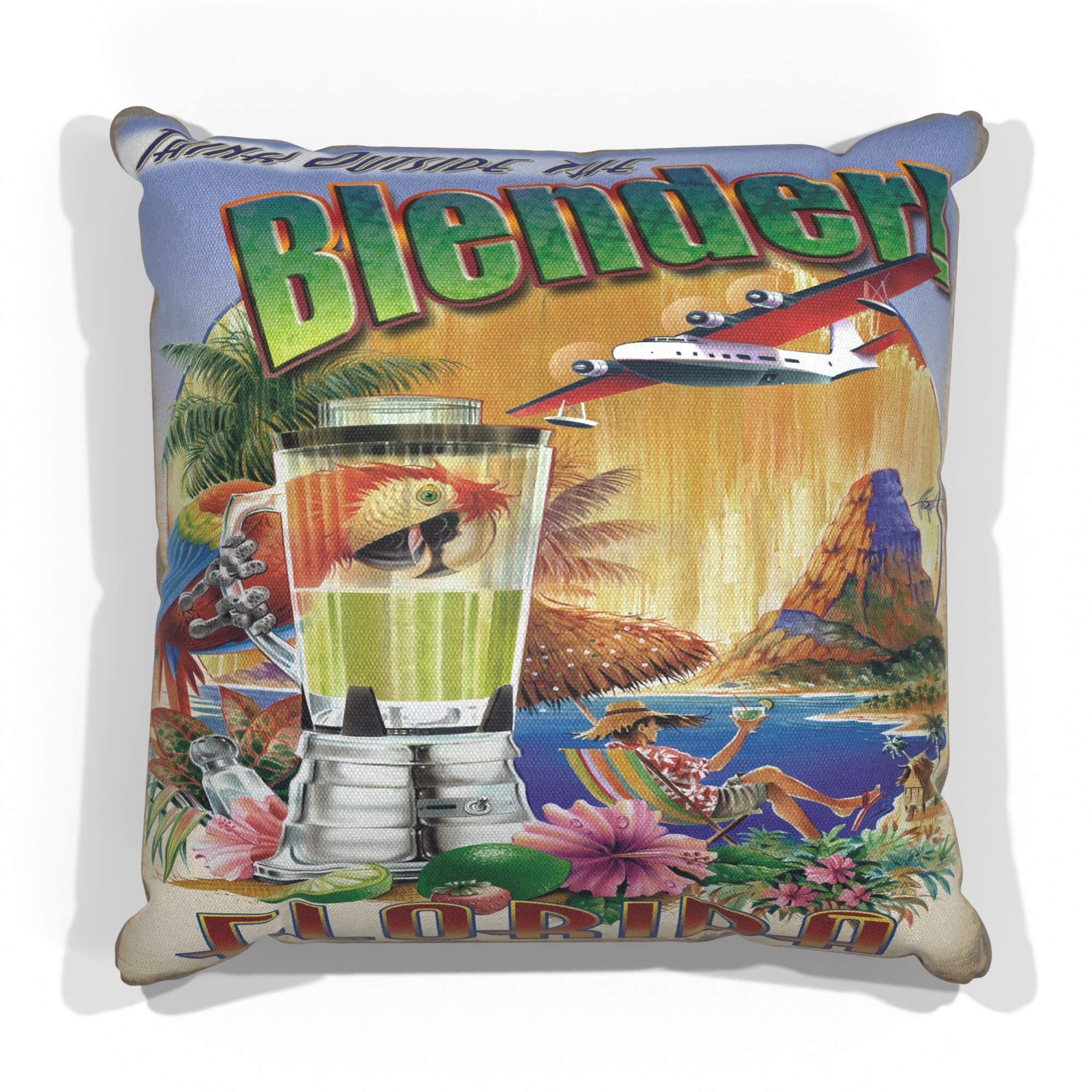Florida Think Outside the Blender Canvas Throw Pillow 18x18 Inch - Couch & Sofa Decor for Home & Office - Artist Jim Mazzotta Illustration - Perfect for Living Room, Bedroom & Gifts