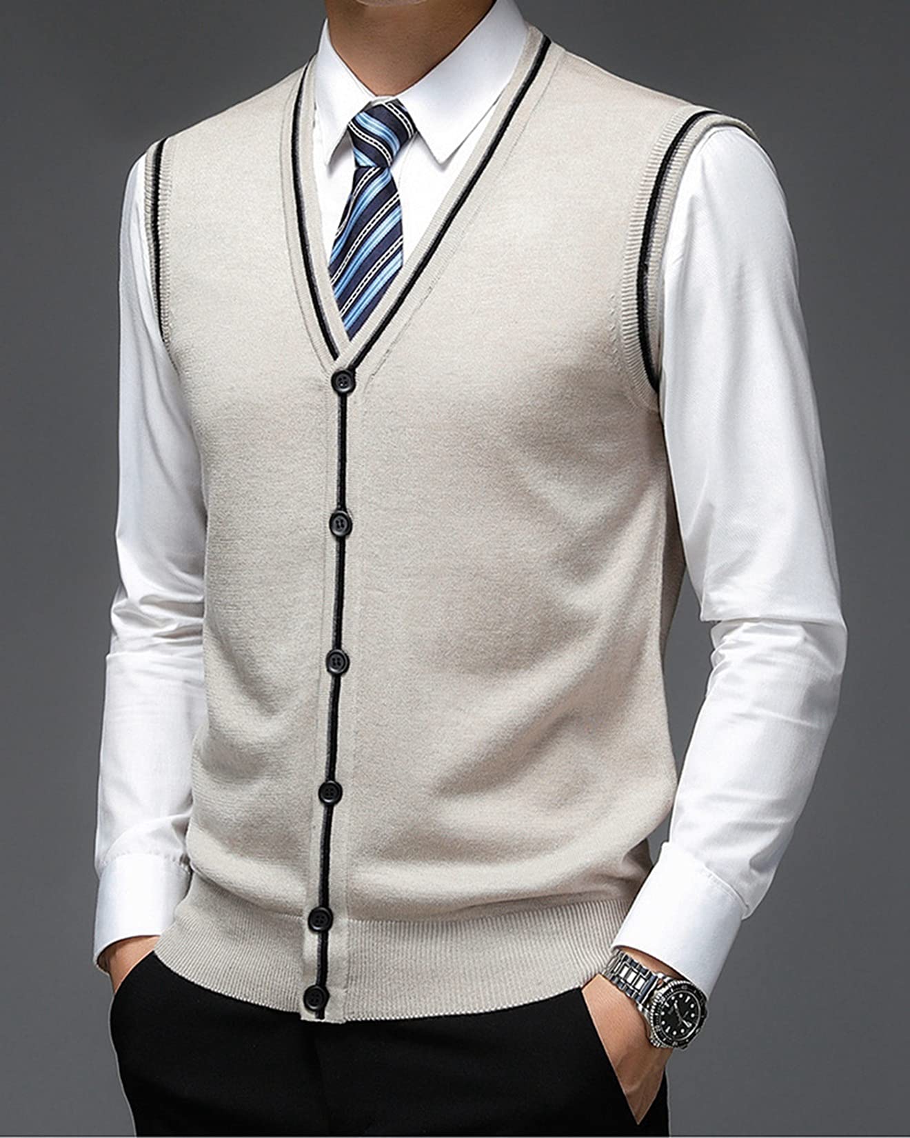 Dawwoti Men's Knitted Vest Cardigan - Sleeveless Button Front for Casual Wear