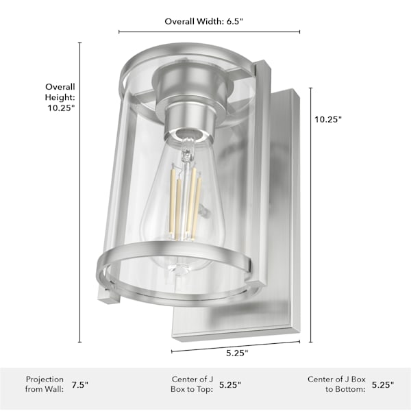 Hunter Astwood Brushed Nickel 1-Light Wall Sconce - Modern Indoor/Outdoor Lighting for Bedroom, Hallway, Porch & Patio Decor