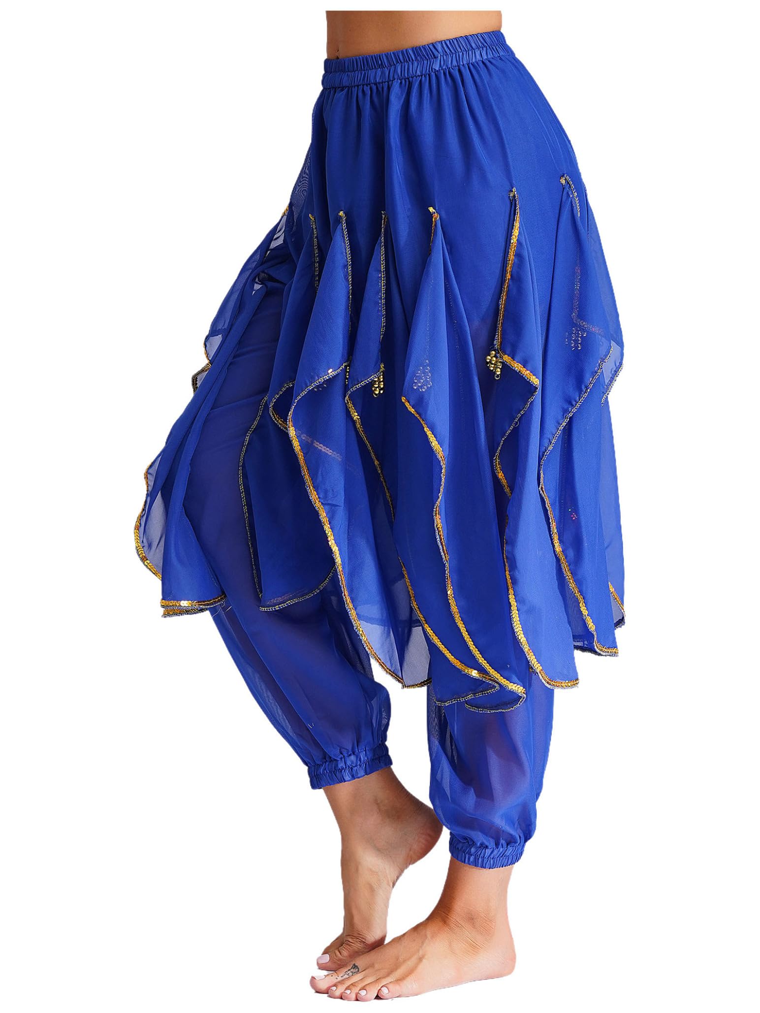 Women's Belly Dance Costume - Ruffle Harem Pants with Gold Trim for Tribal Arabic Dance & Halloween | Comfortable & Stylish for Performances, Parties & Festivals