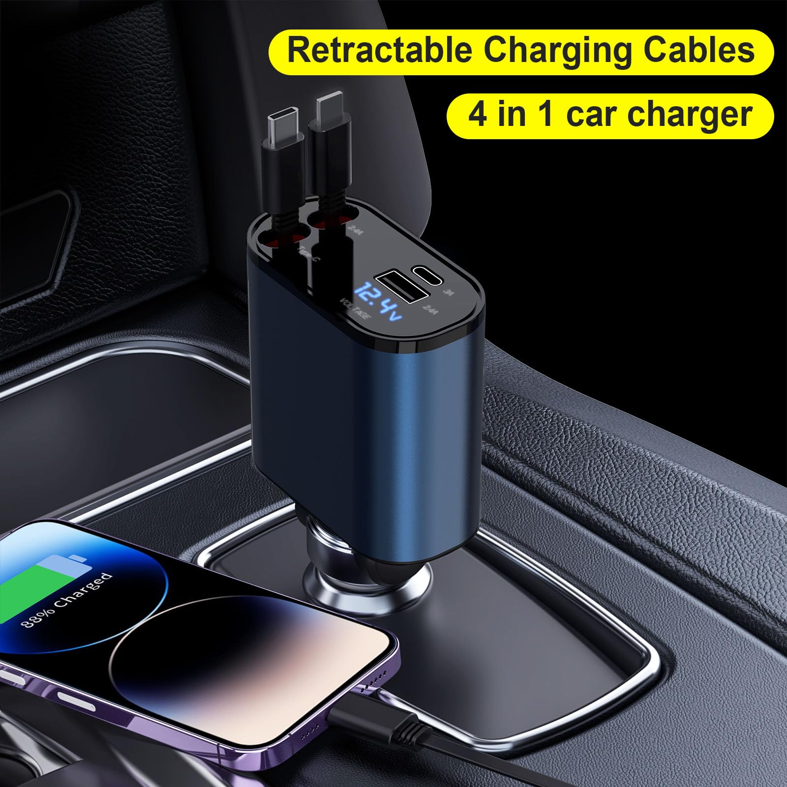 60W 4-in-1 Retractable Car Charger with Fast Charging & 2 USB Ports - Compatible with iPhone 16/15/14/13/12/11 Pro Max, Galaxy S23 & Pixel - Perfect for Road Trips & Daily Commutes