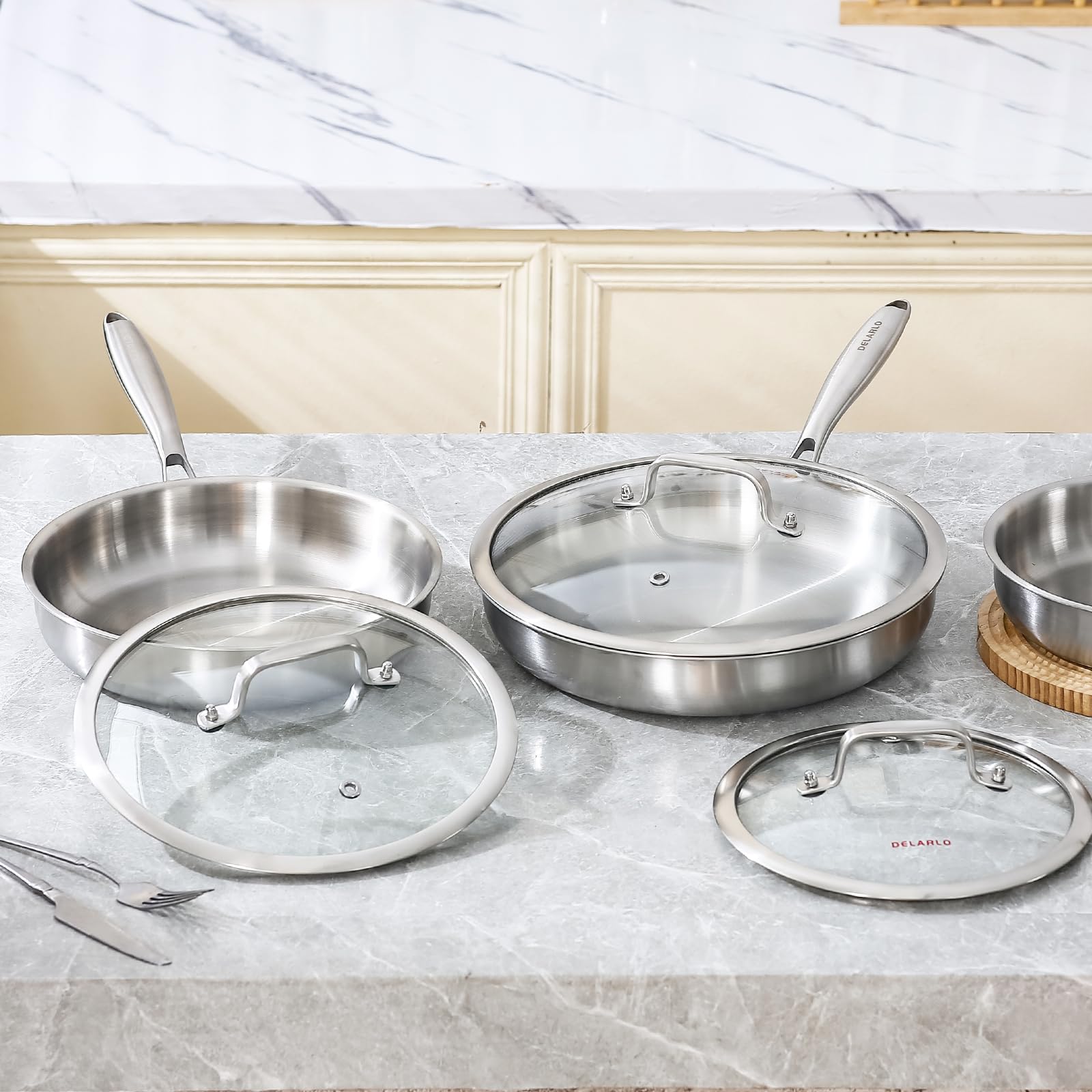 Premium DELARLO Tri-Ply Stainless Steel Frying Pan Set with Glass Lids (8