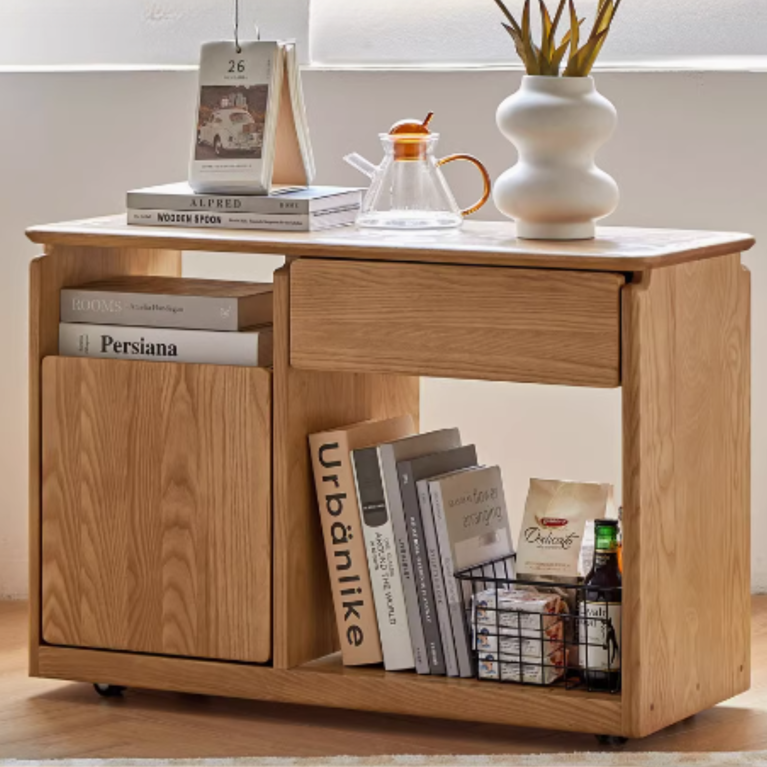 Solid Wood Mobile Side Table - Oak, Black Walnut, Ash - Small End Table for Living Room, Bedroom & Office Use