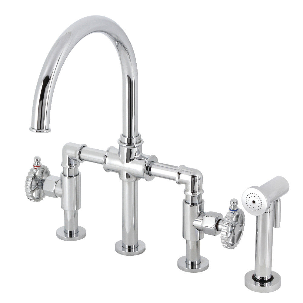 Industrial Style Bridge Kitchen Faucet with Brass Sprayer - Heavy Duty Commercial Grade Pull Down Sprayer for Restaurant & Home Kitchen - Perfect for Modern Farmhouse, Industrial Loft & Commercial Kitchens