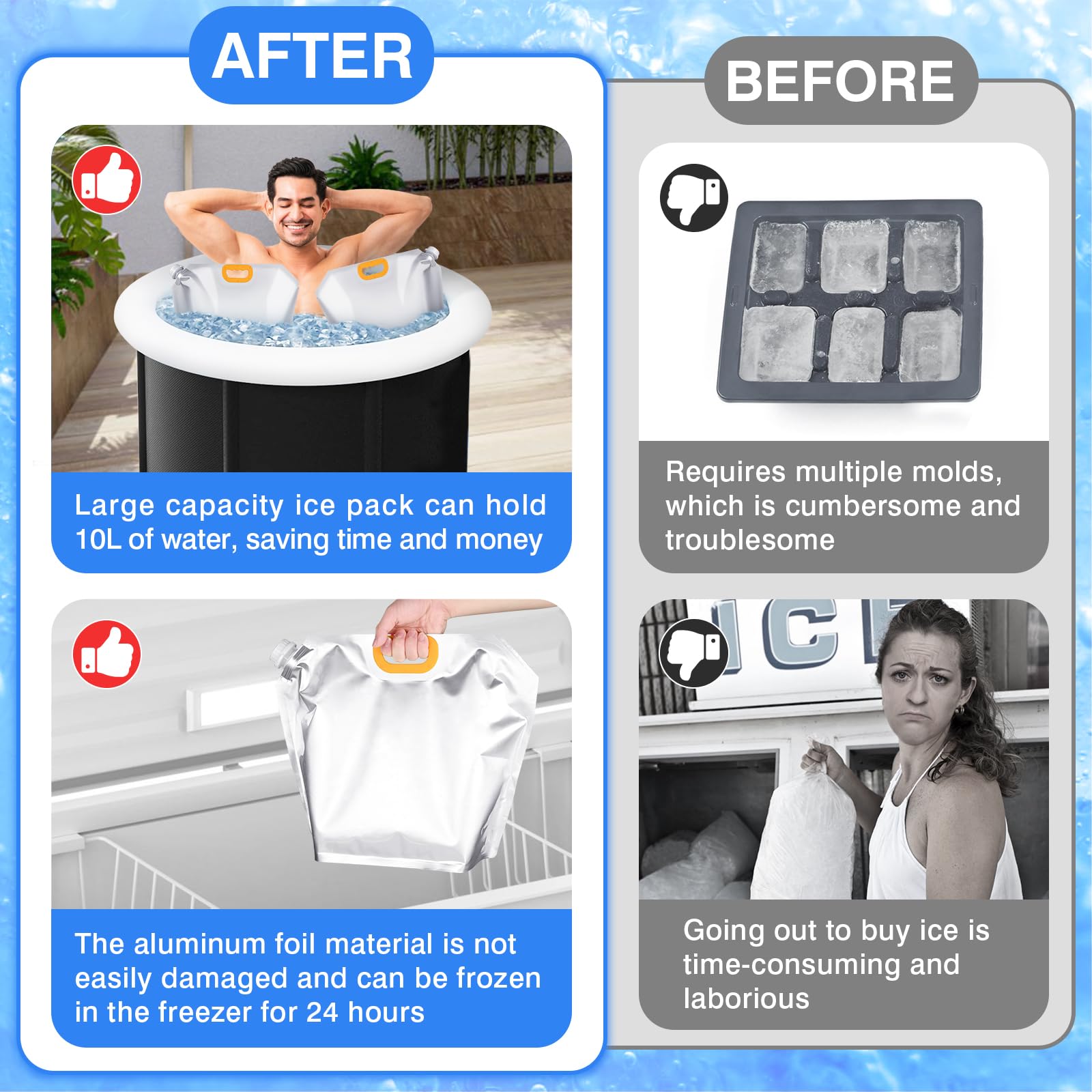 4 Pcs Reusable Ice Bath Bags (5L & 10L) - Portable Cold Plunge Tub Freezer Water Bags for Muscle Recovery, Cold Therapy & Cryotherapy - Perfect for Athletes, Gym, Home Use & Outdoor Activities