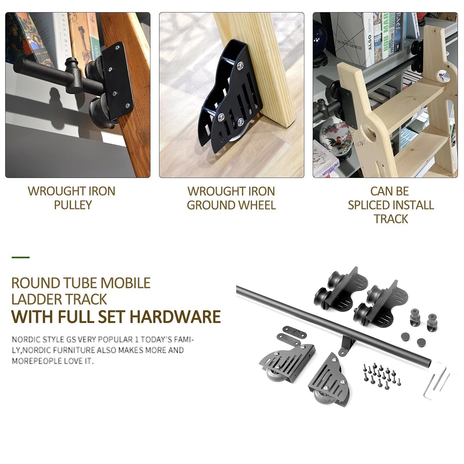 3.3ft to 20ft Round Tube Sliding Ladder Kit - Complete Mobile Library Ladder Accessories Set for Loft/Home/Interior - Sliding Door Hardware Kit - Perfect for Home Libraries, Loft Spaces & Interior Design Projects