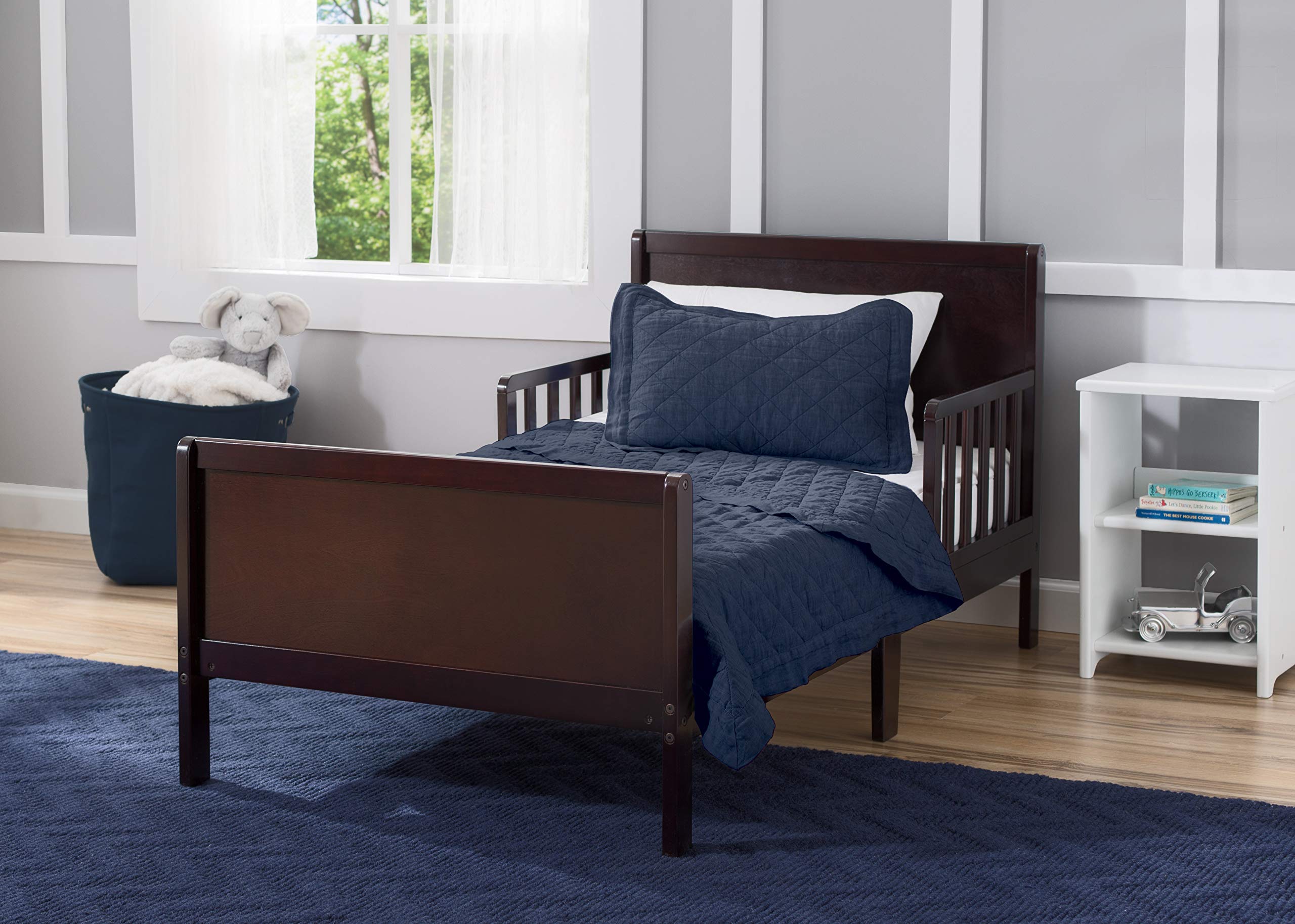 Delta Children Fancy Toddler Bed with Dark Chocolate Twinkle Galaxy Design - Dual-Sided Recycled Fiber Core Crib & Toddler Mattress Set - Perfect for Nursery, Daycare & Kids' Bedroom Decor