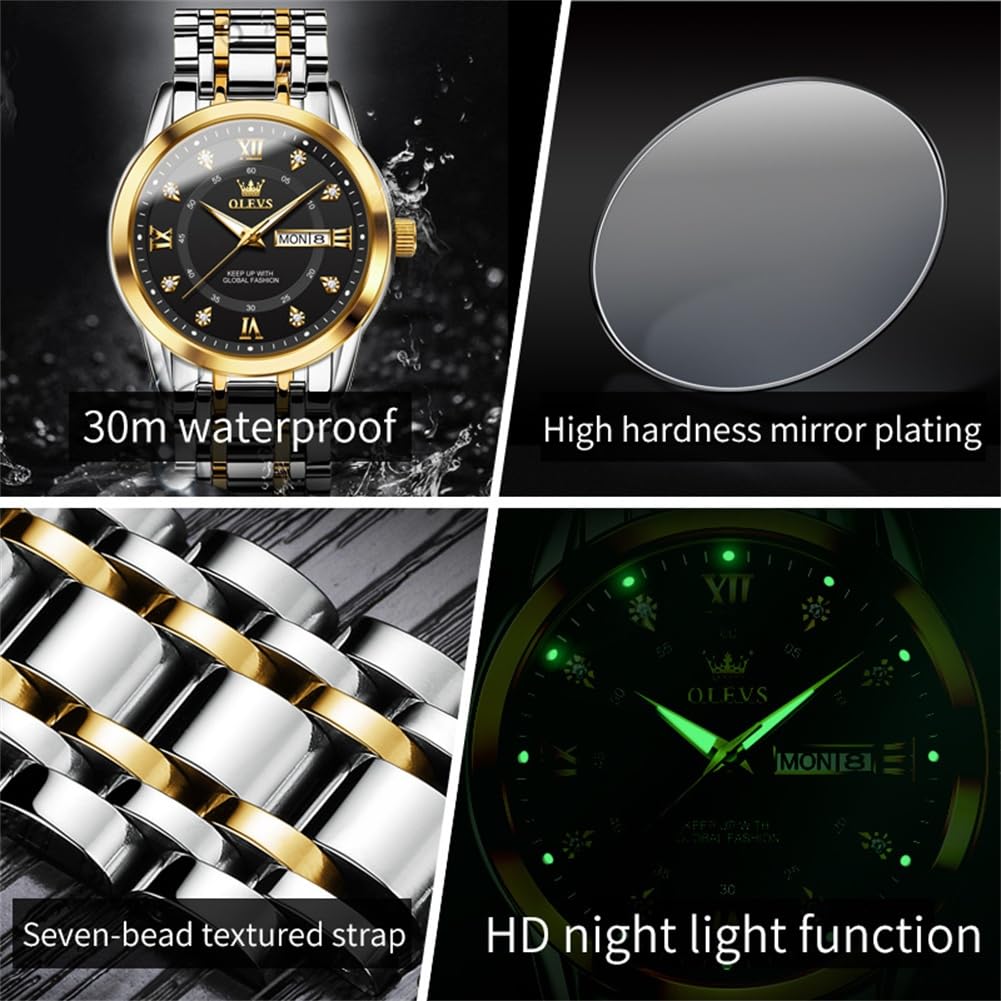 OLEVS Men's Stainless Steel Analog Quartz Chronograph Watch with Moon Phase, Waterproof, Date & Luminous Features - Perfect for Business, Casual & Formal Occasions - Ideal Gift for Men