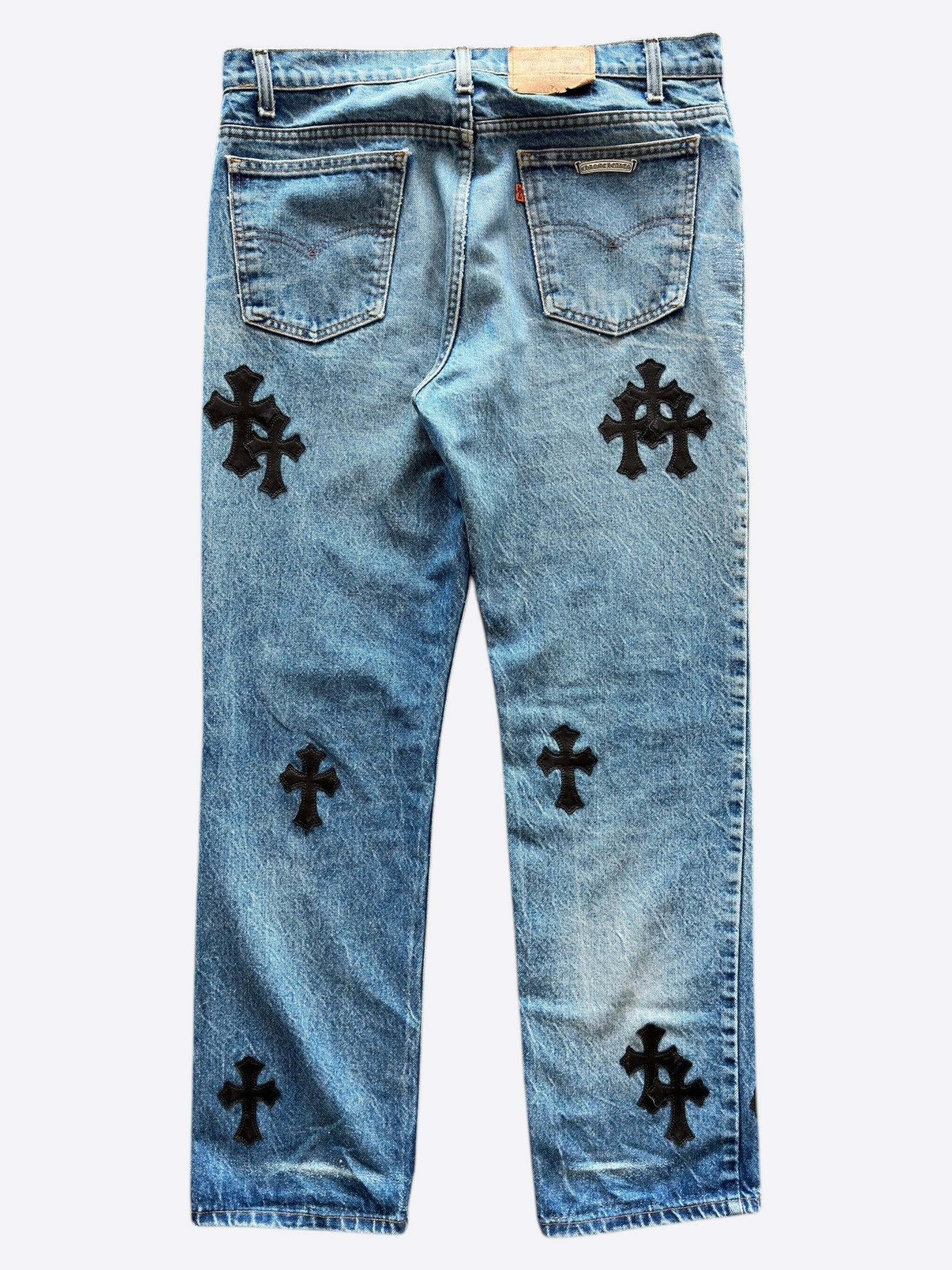 Chrome Hearts x Levi's Blue & Black Cross Patch Denim Jeans for Men - Stylish Vintage Streetwear for Casual Outfits & Night Out