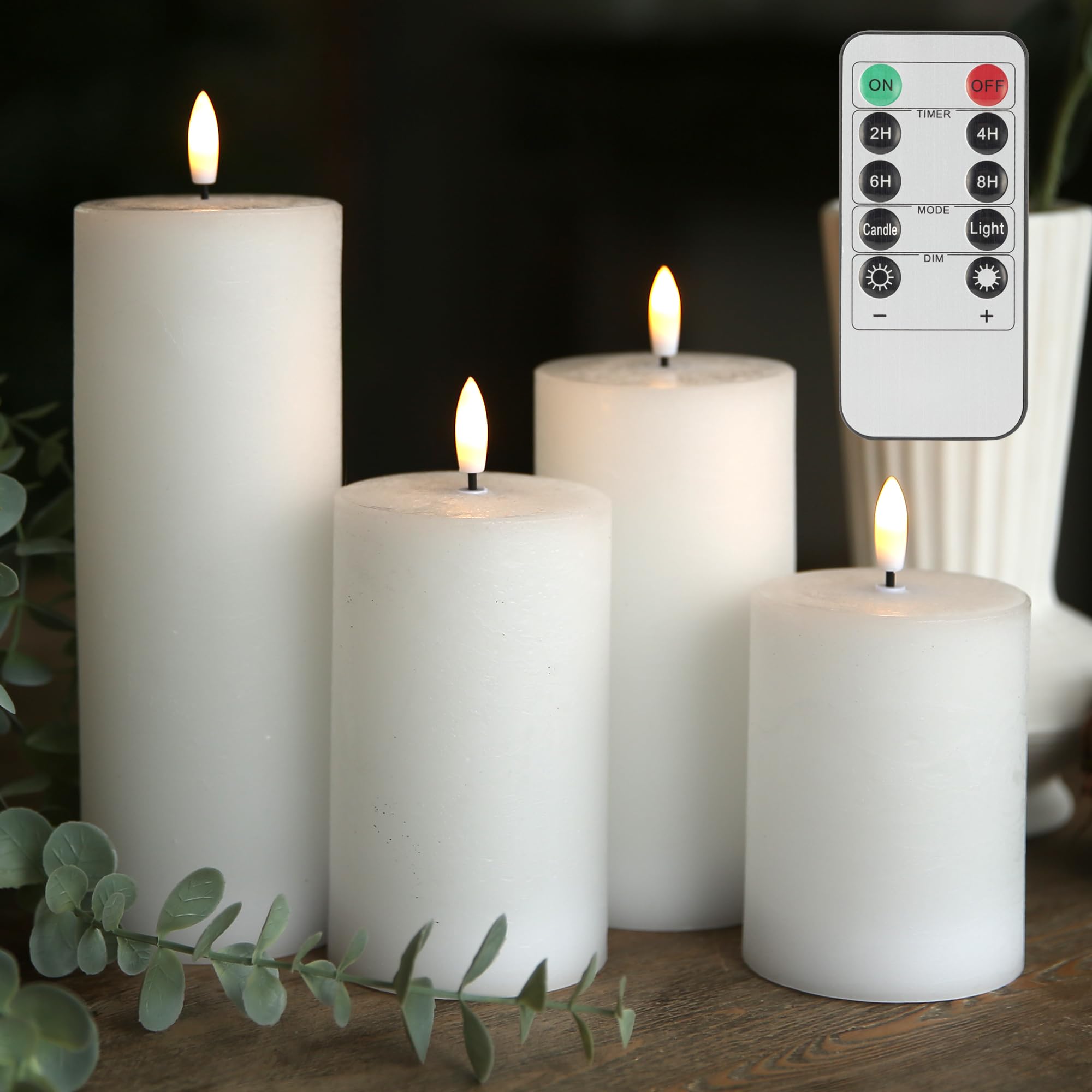 LUSHABOR 4 Pack Flameless LED Candles with Remote - Battery Operated Real Wax Pillar Candles with Timer & Flickering Effect - Perfect for Christmas Decorations, Wedding Centerpieces, Home Party Lighting (White)