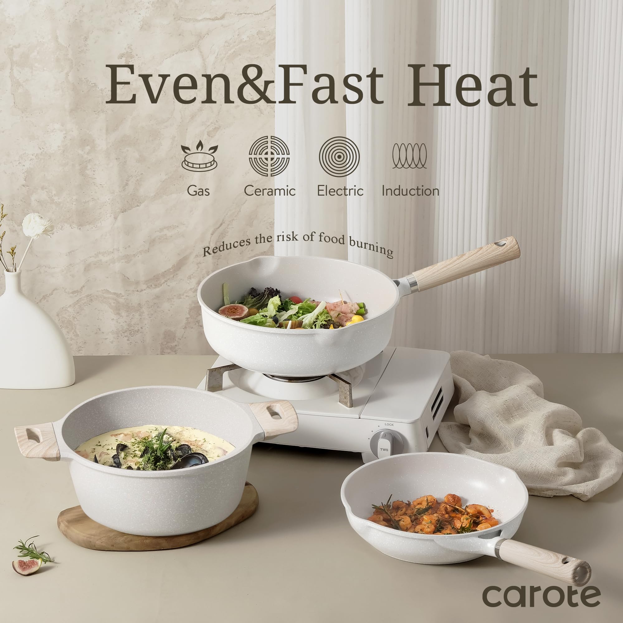 CAROTE 21-Piece Nonstick Pots and Pans Set - White Granite Induction Cookware with Frying Pans & Saucepans (PFOS & PFOA Free) - Perfect for Home Cooking, Family Meals & Professional Kitchens
