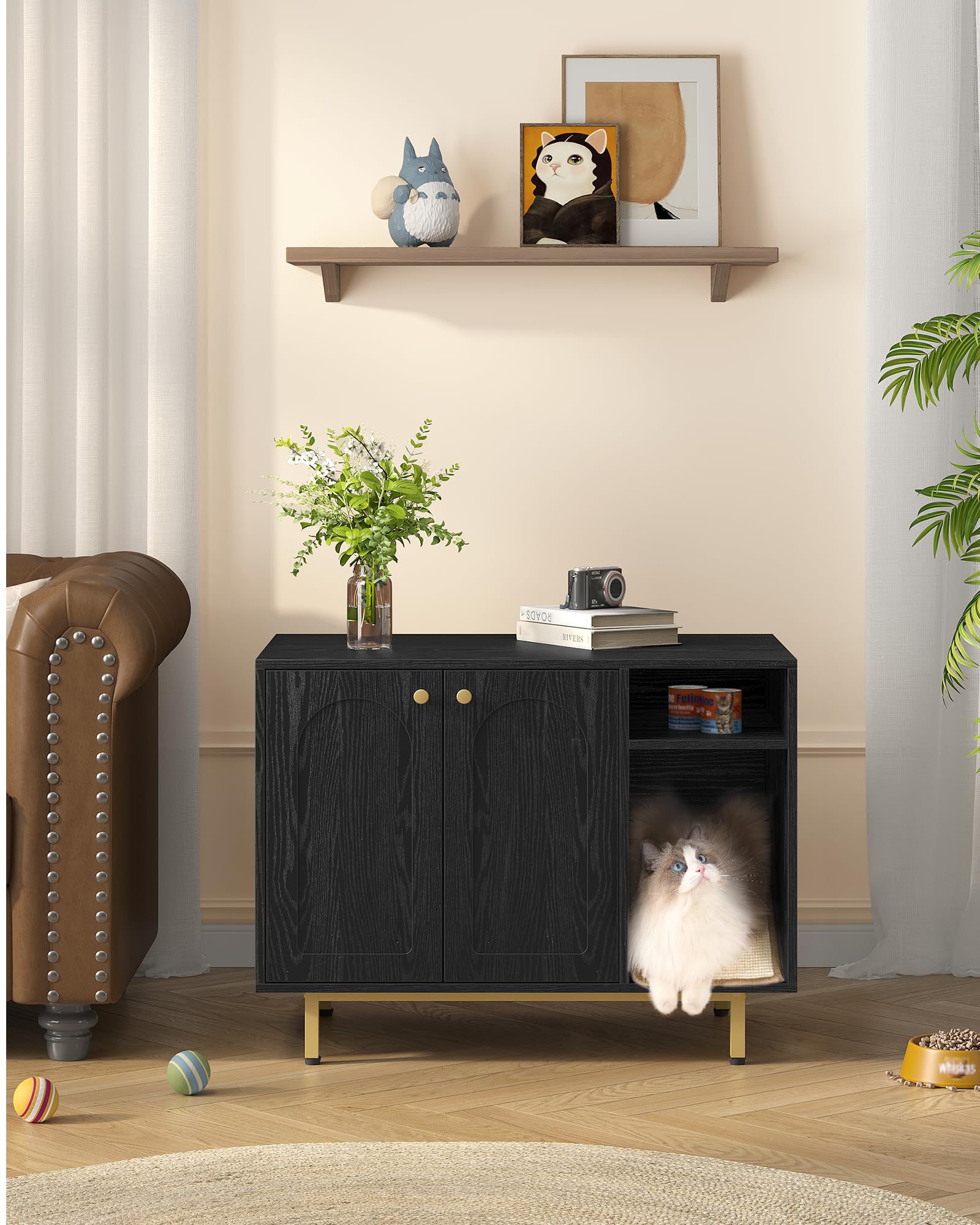 Hidden Cat Litter Box Furniture Enclosure - Wooden Pet House Side Table with Storage Cabinet, Modern Living Room & Bedroom Bench (31.5