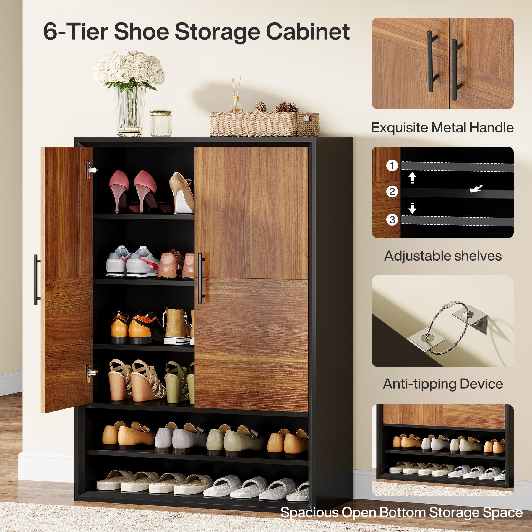 43 Inch Shoe Cabinet with 6 Tier Adjustable Shelves & Doors - Space Saving Shoe Storage Organizer for Entryway, Closet, or Bedroom