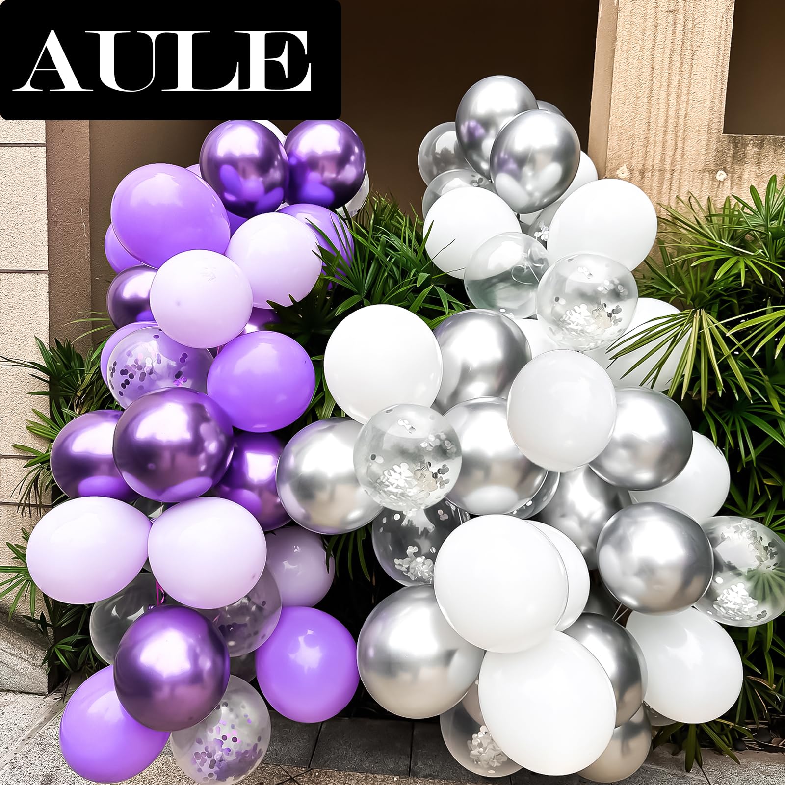 AULE Metallic Purple & Premium Latex Lavender Lilac Balloons (60 Pack, 12 Inches) with Purple Confetti Balloons & Ribbons Set - Perfect for Birthday, Bridal Shower, Wedding, Baby Shower & Party Decorations