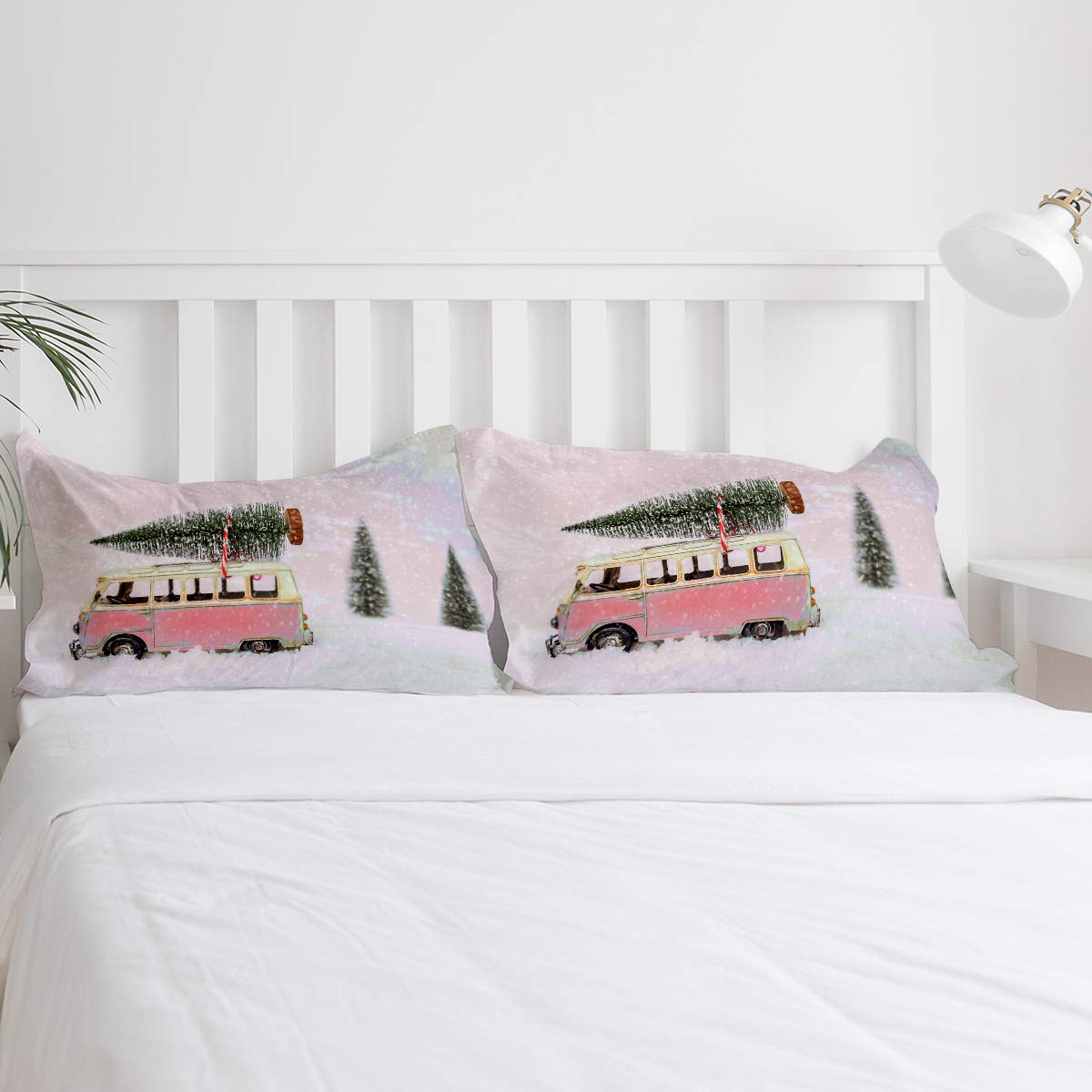LooPoP Pink Christmas Twin Bedding Set - 3 Piece Comforter with Duvet Cover & Pillow Shams for Teens, Boys & Girls | Holiday Snow Bus & Pine Tree Design | Cozy Winter Bedroom Decor for Kids Rooms & Guest Bedrooms