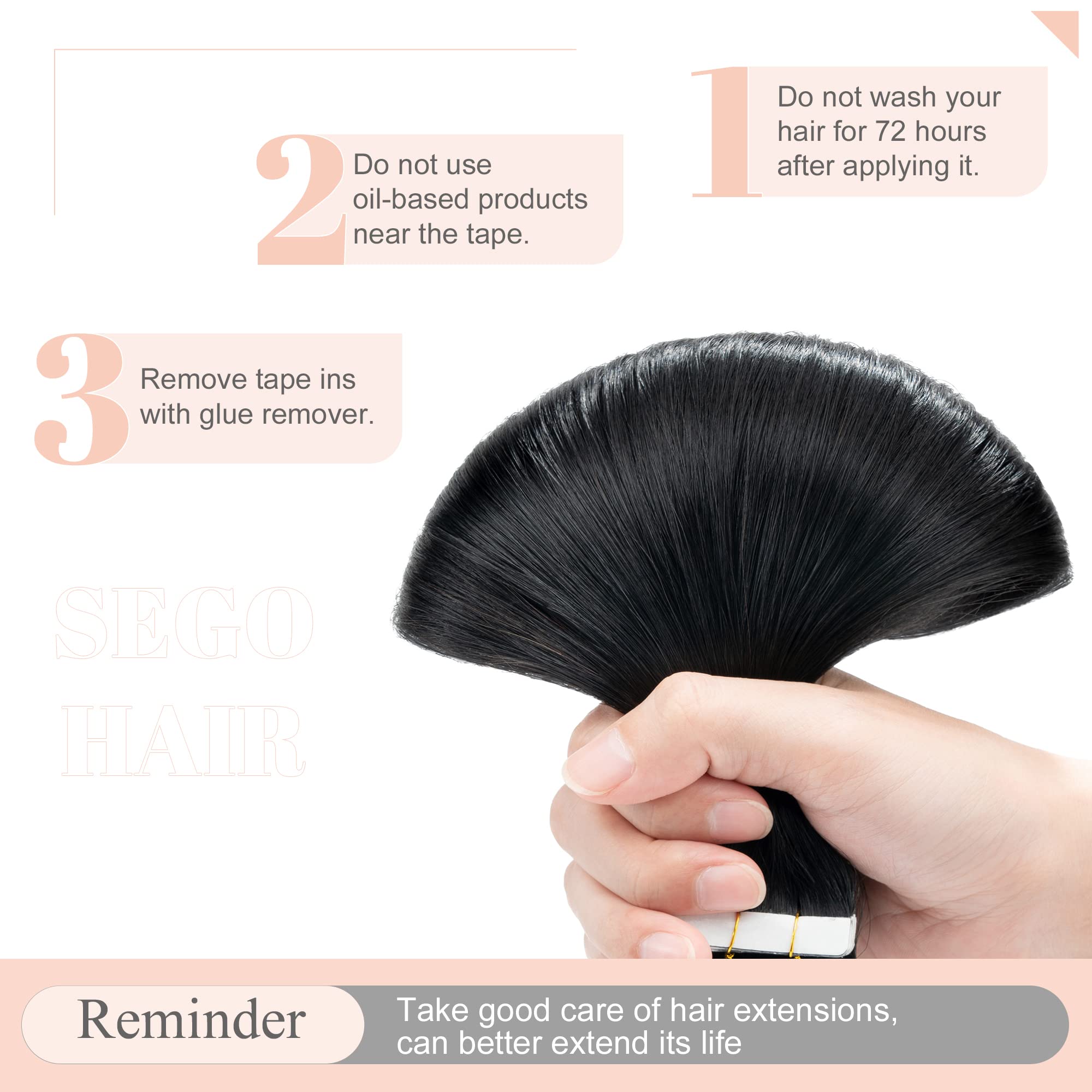 SEGO Tape In Human Hair Extensions 20pcs Jet Black 20